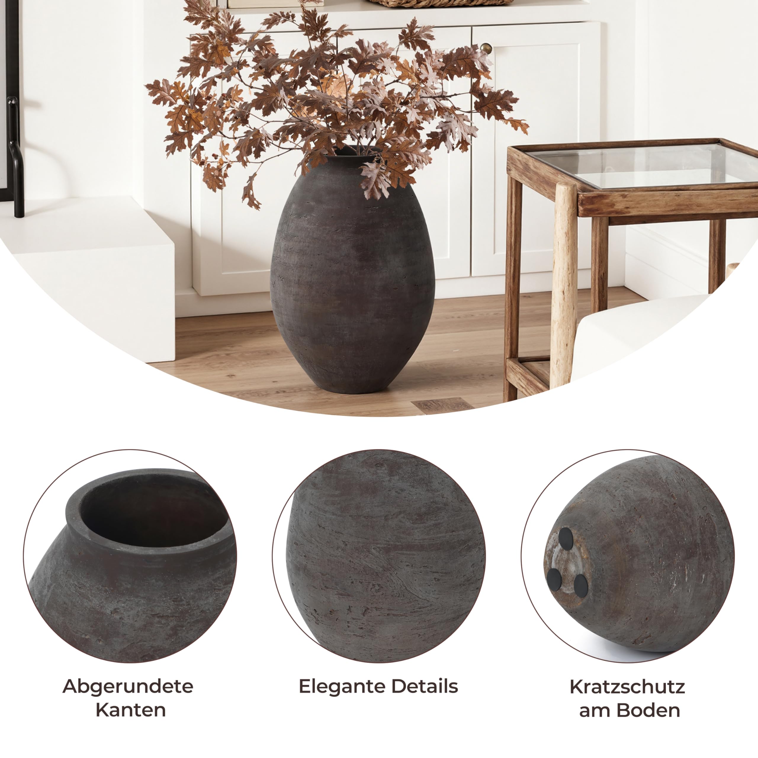 Hometopia Vase Groß Braun 40 cm – Rustikale Betonvase im Wabi-Sabi Stil, Große Bodenvase aus Zement für Pampasgras & Trockenblumen, Handgefertigte Dekovase