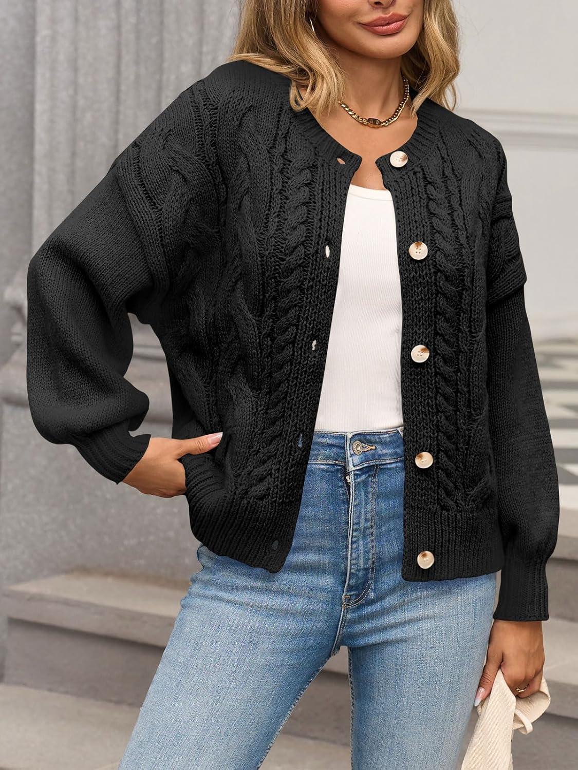 Yousify Womens Open Front Cardigan Sweaters Casual Cable Knit Long Sleeve Button Down Chunky Loose Fall Sweater - Image 4