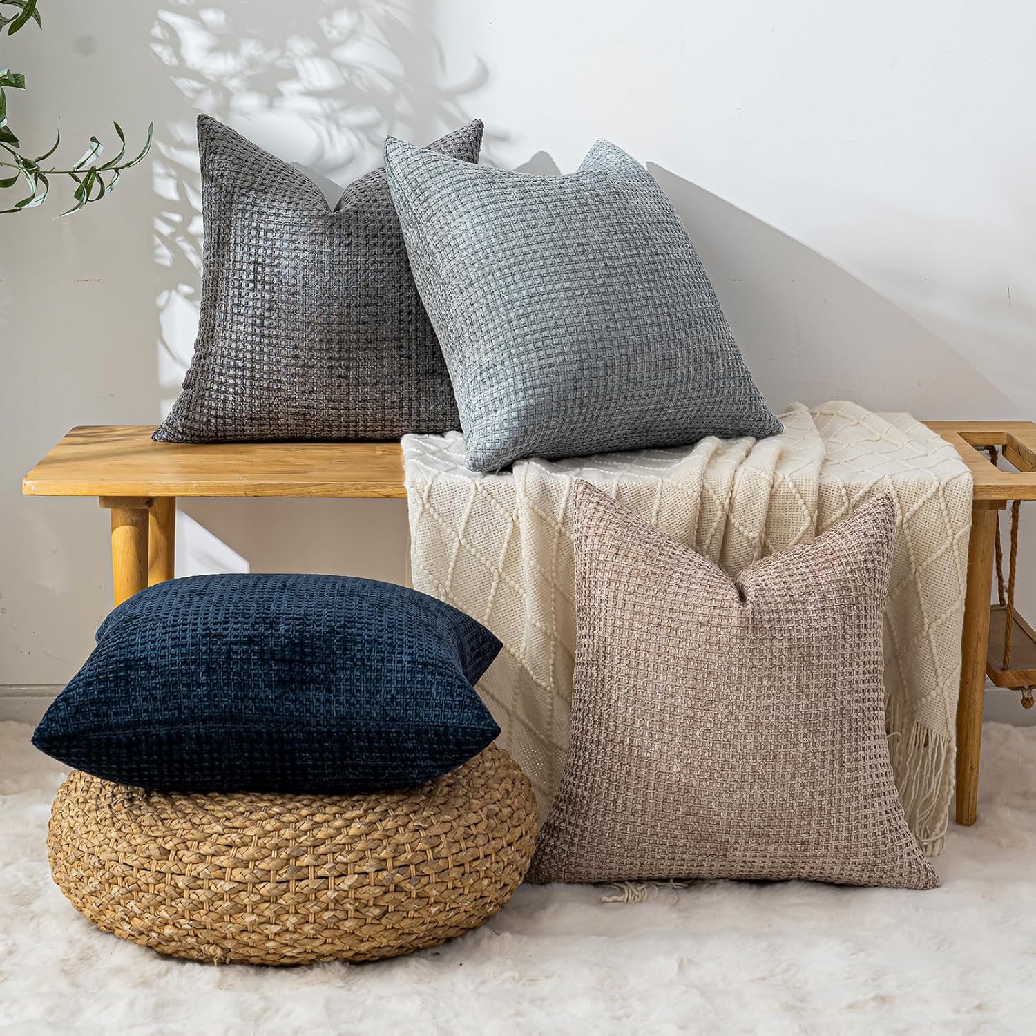 Pack of 4 Throw Pillow Covers 16x16 inch Navy Blue Taupe Boho Cushion Covers Decorative Farmhouse Pillow Covers for Couch Bed Sofa Living Room Home Decor Soft Square Pillowcase