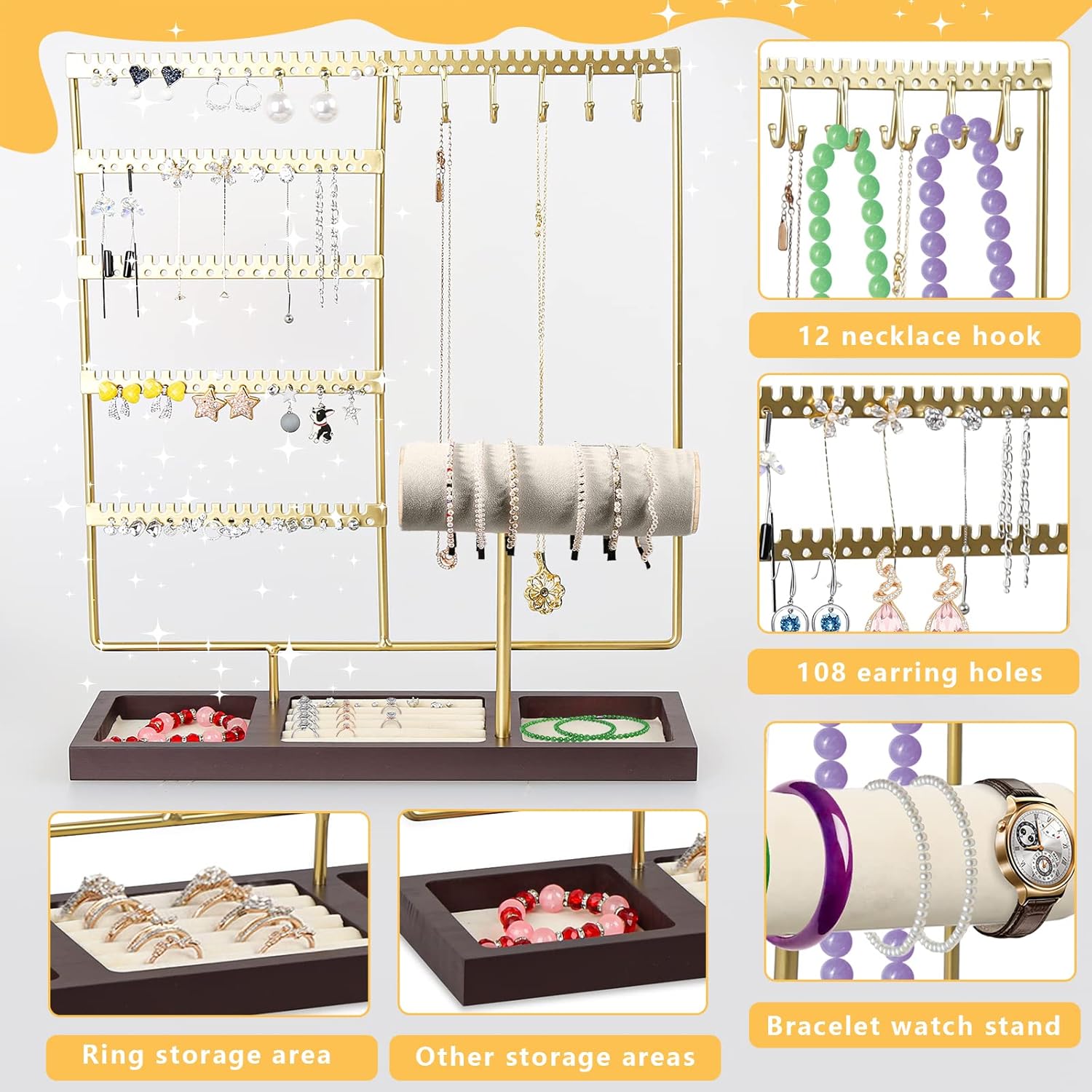 Jewelry Organizer Stand, Earring Holder Organizer with 108 Holes, Jewelry Stand with Bracelet Holder, Jewelry Holder that Can Store Necklaces Rings Earrings Watches Bracelets, Suitable Gifts for Women : Clothing, Shoes & Jewelry