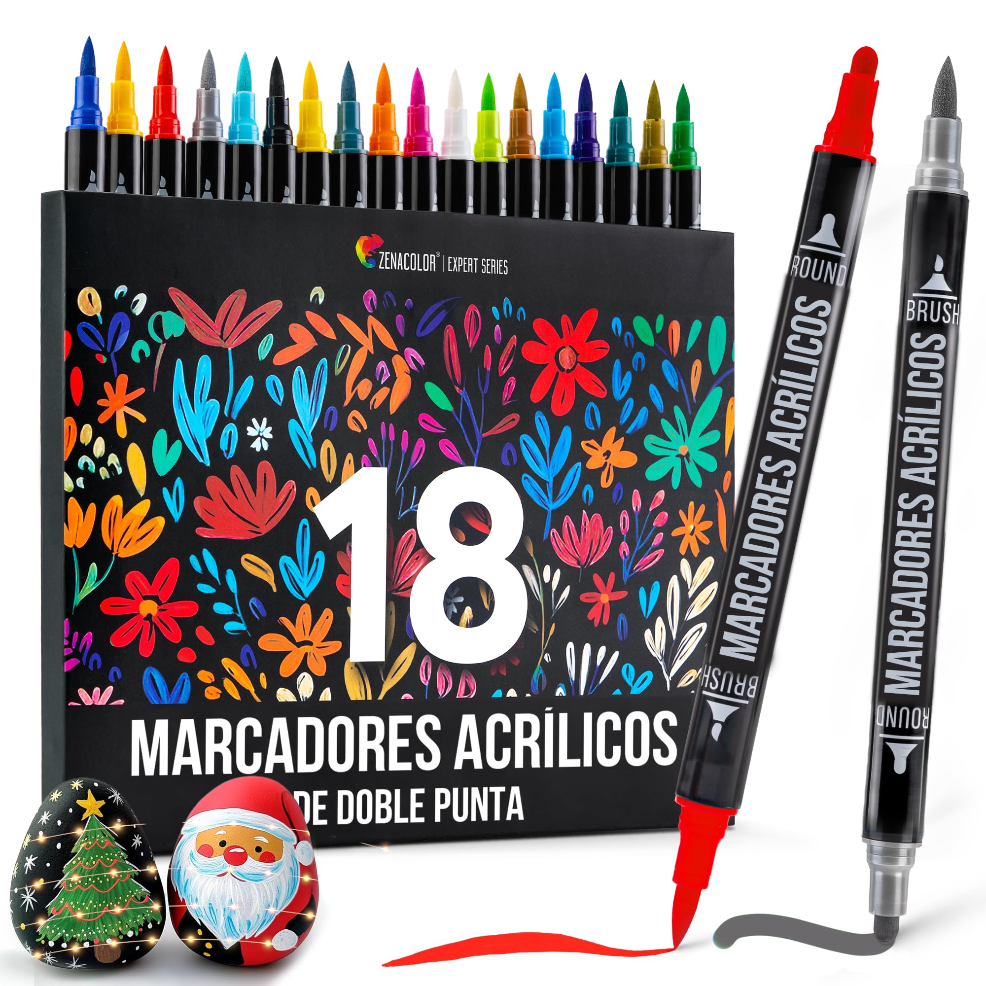 Zenacolor Acrylic Markers with Dual Tips (Fine Tip and Brush) - 18 Unique Colors for Different Surfaces and Artworks - Permanent Acrylic Markers