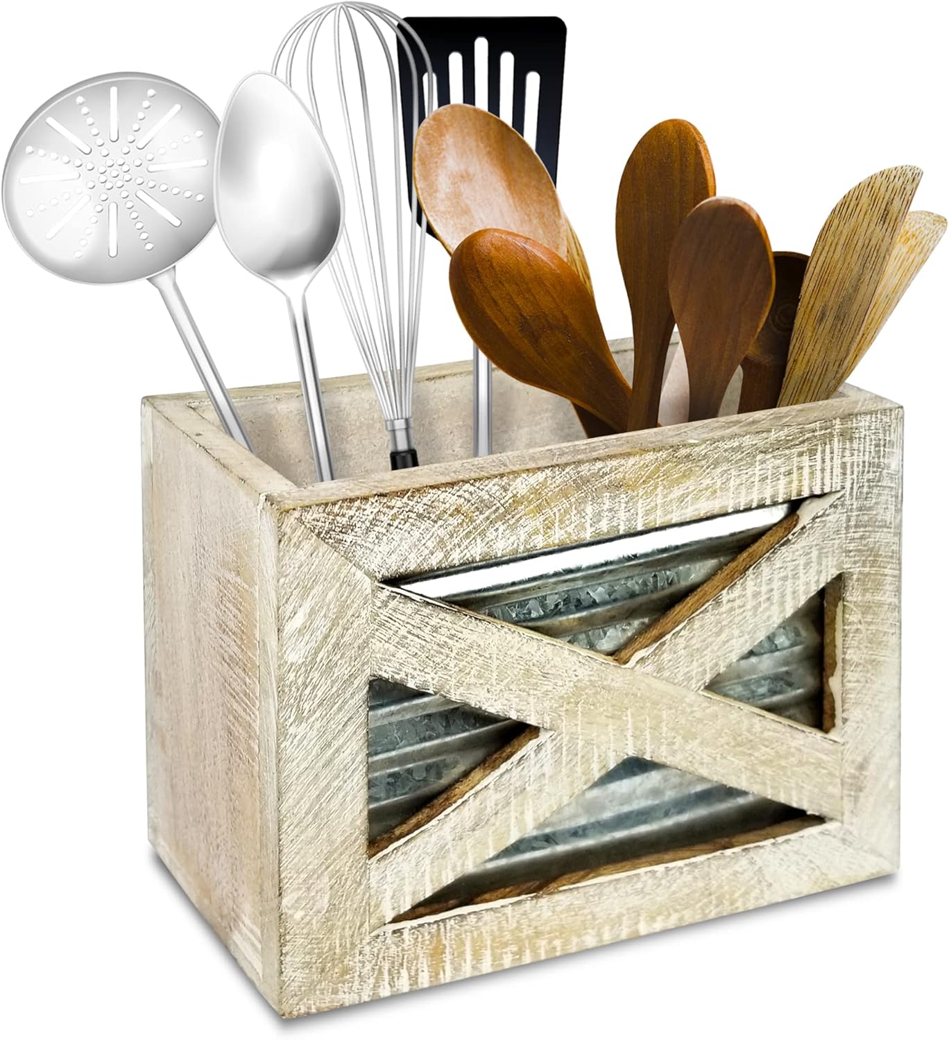 Rustic Utensill Holder Wooden Kitchen Farmhouse Utensil Holder For Countertop Green