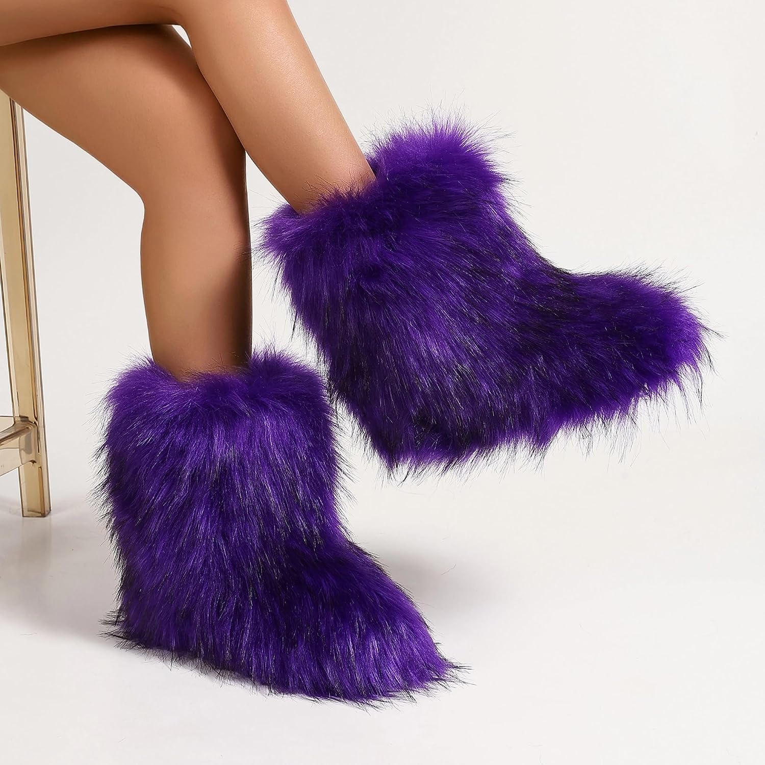 Fluffy Faux Fur Boots for Women Mid-Calf Furry Snow Boots