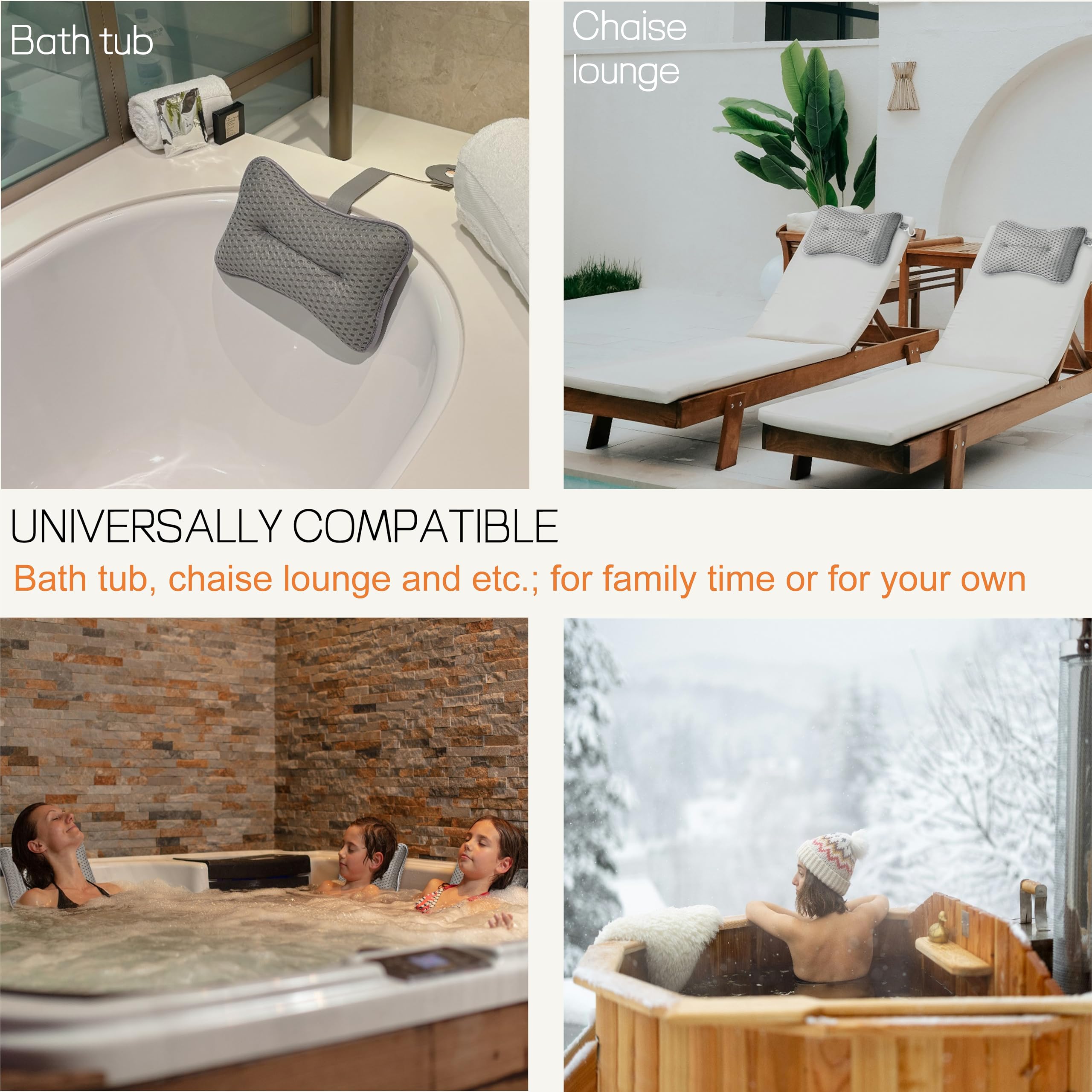 Paquete de 2 Almohadas Grandes para bañera de hidromasaje (Gris), SPA y Chaise Lounge – Cojín Universal para reposacabezas y Cuello, Altura Ajustable con Correa Larga, fácil Secado con Gancho