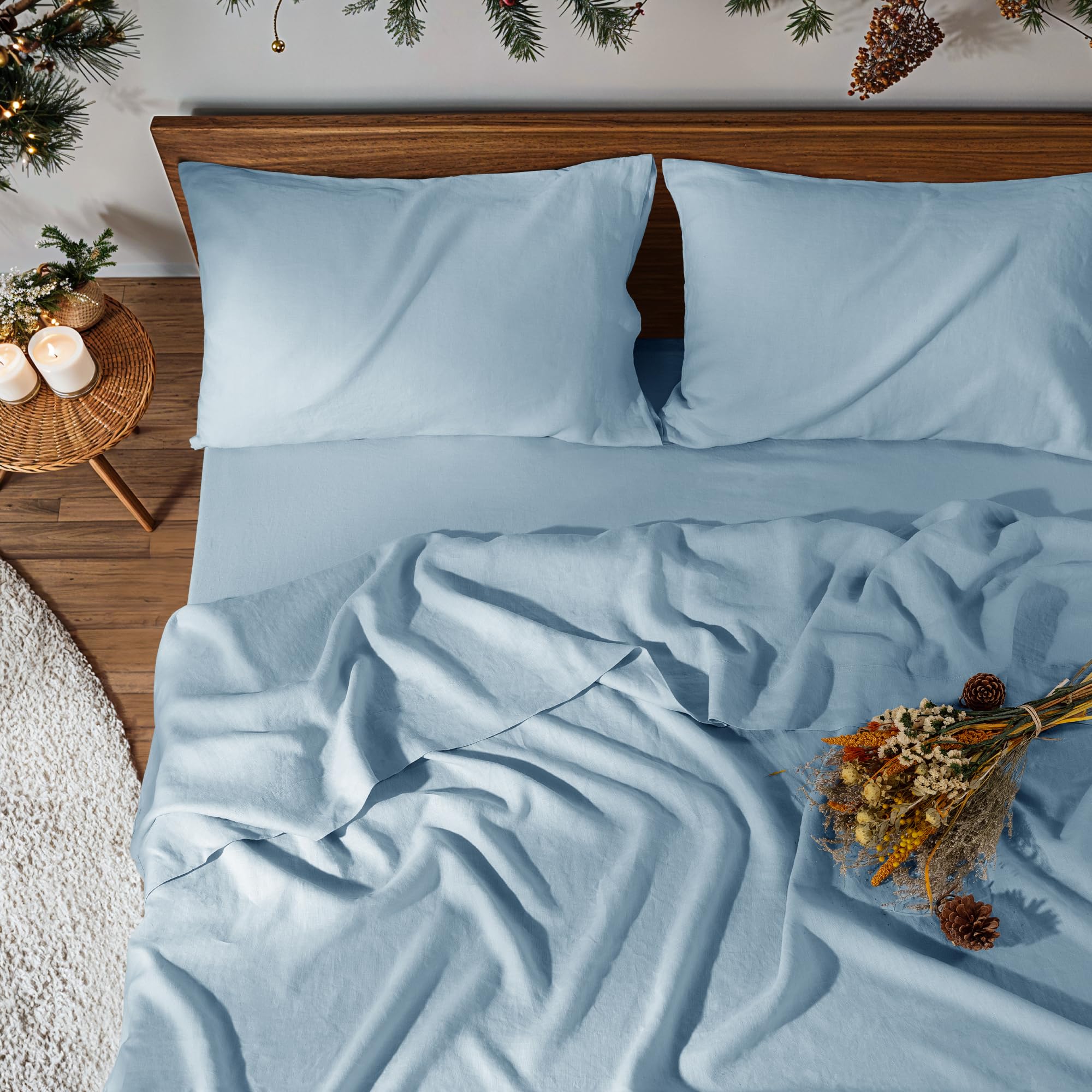 100% Pure Linen Sheet Set for Hot Sleepers, Breathable Natural Linen Sheets 4pcs, Bedding Set 16" Deep Pocket Moisture-Wicking, Softens with Every Wash (Light Blue Queen)