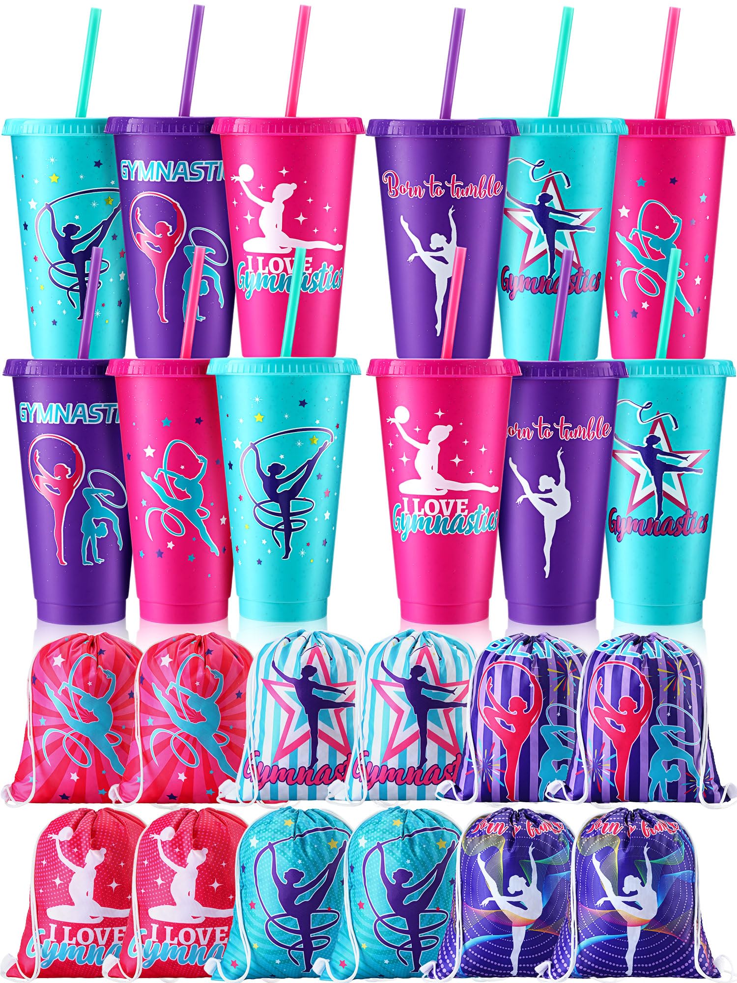 Nuogo 24 Pcs Gymnastics Party Favor, 12 Pcs 24oz Plastic Cups with Lids and Straws 12 Pcs Gymnastics Theme Gift Bags Birthday Goodie Bags Drawstring