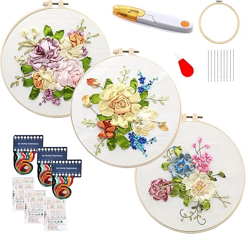 Maydear Paquete de 3 kits de iniciación de bordado con patrón, kits de punto de cruz estampado para adultos principiantes con aro de bordado e