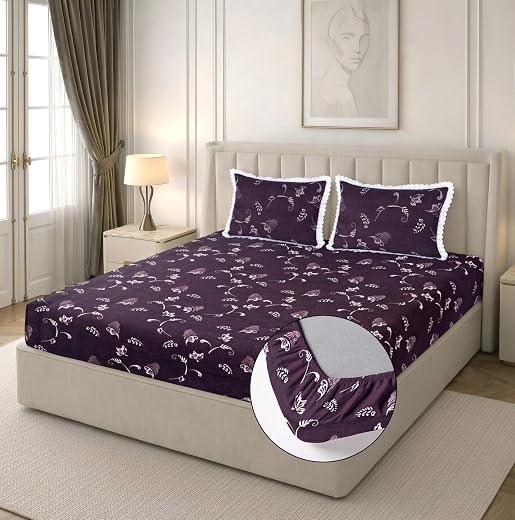 RD TREND® Premium Cloud Cotton Floral Fitted Bedsheet for Double Bed King Size-72x78x8 Inches with 2 Aesthetic Lace Pillow...