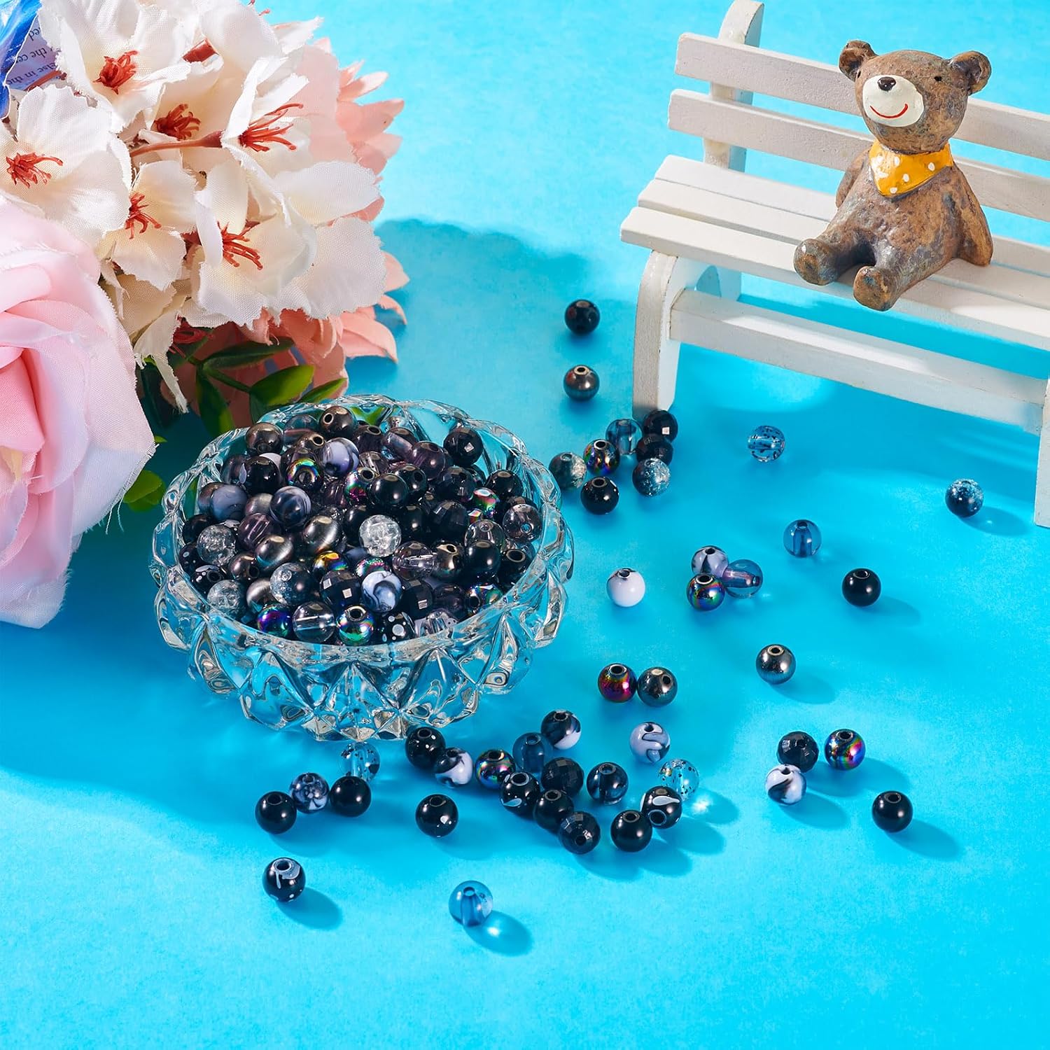 FASHEWELRY 300Pcs Black Pony Beads Assorted Black Cute Acrylic Round Beads Bulk 8mm Round Metallic Beads Crystal Crack Beads Polka Dot Beads for Bracelet Jewelry Making - Image 4