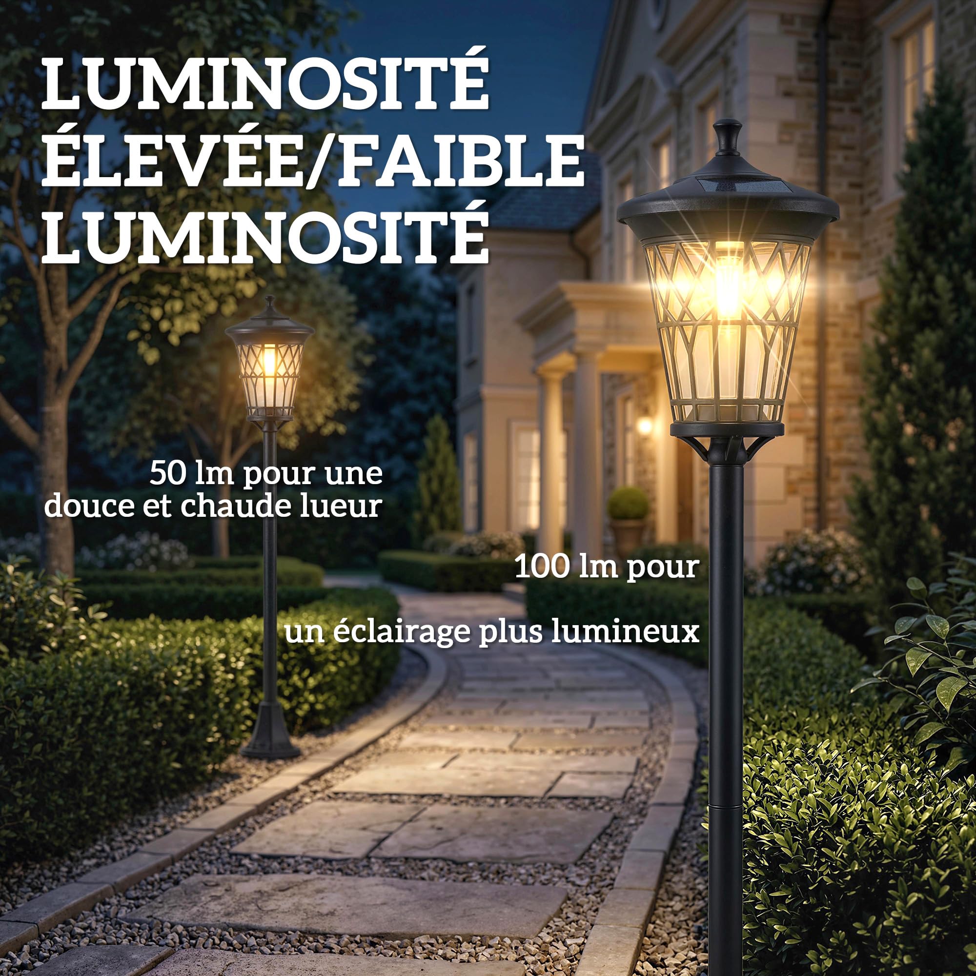 Outsunny Lampadaires Solaires Extérieurs Lot de 2 Réglables 1,86 m Noir