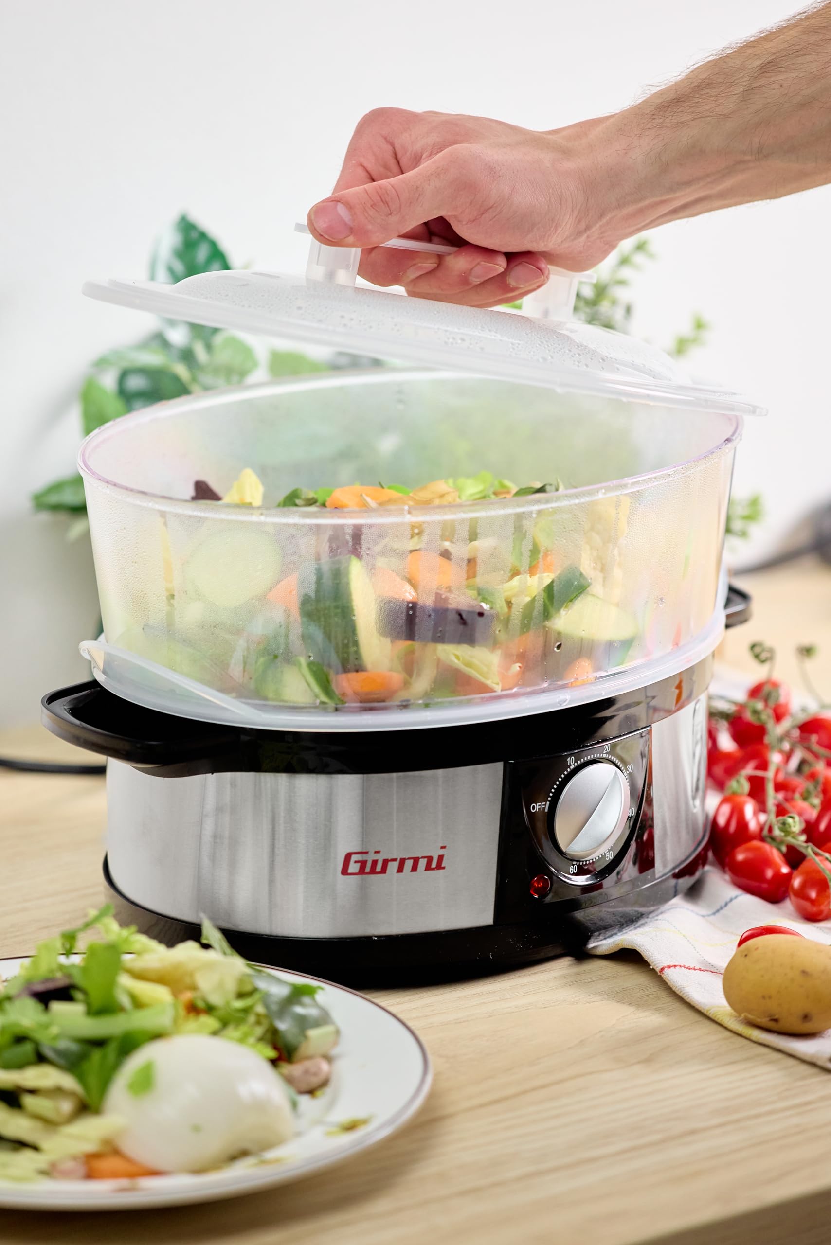 Girmi VP26 Vaporiera, 750 W, Grande capacità 12 Litri, 3 Livelli, Timer, Cottura Riso, verdure e carni, Spegnimento automatico, Acciaio