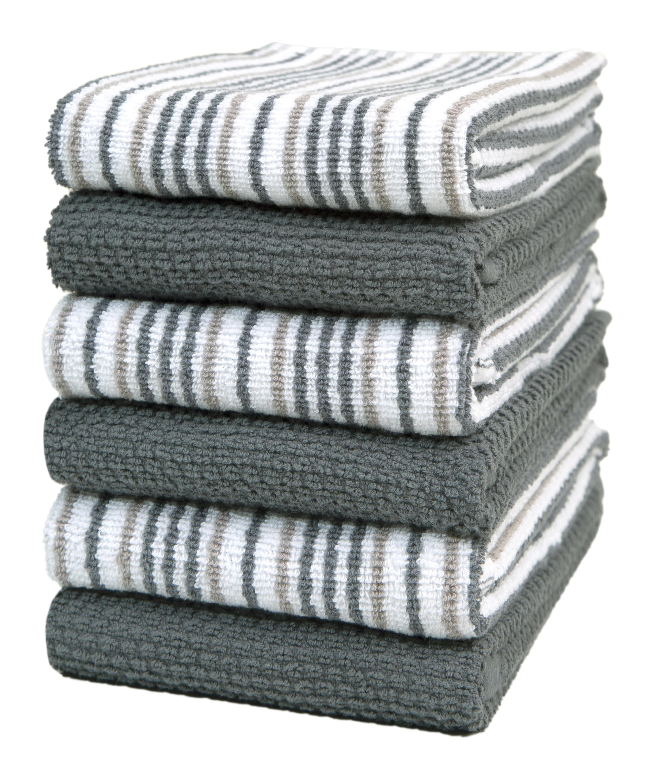 Kitchen Towels 16”x 26” - 6 Pack | Large Cotton Dish Towels | Popcorn Stripe Design | 430 GSM Highly Absorbent with Hanging Loop | Gray