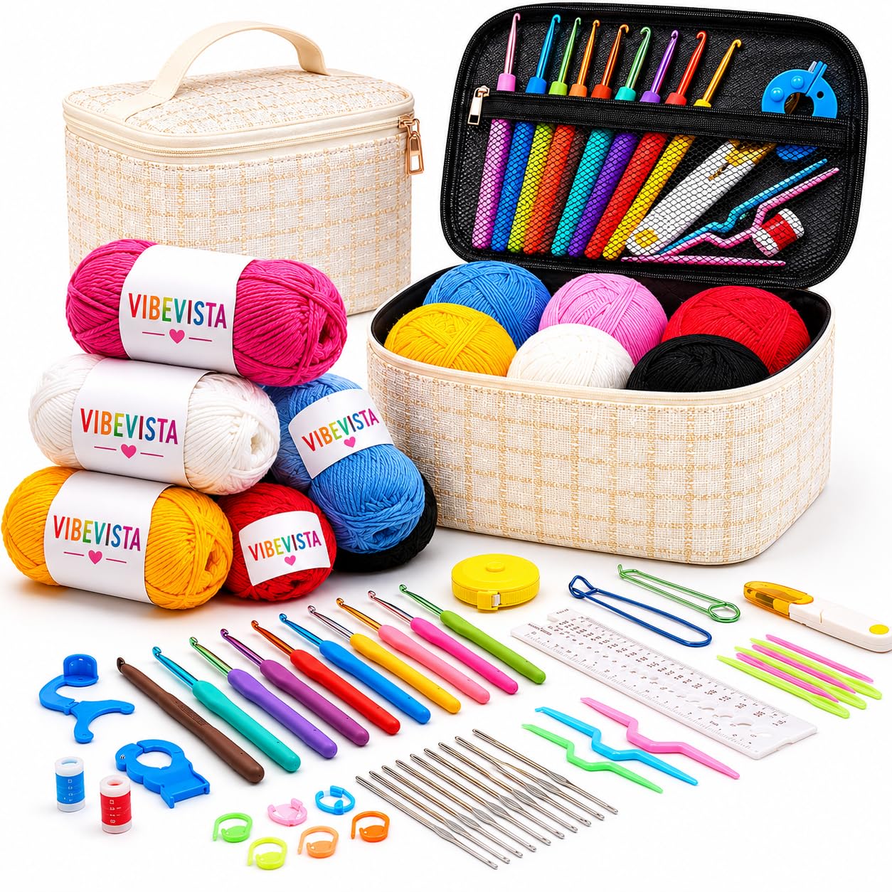 VIBEVISTA Crochet Kit for Beginners Adults, Crochet Kits Include Yarn, 107Pcs Crochet Starter Kit for Beginners Kids, Ergonomic Crochet Hooks Travel Knitting Crochet Supplies (white 59 Pcs Crochet Kit)-image-42