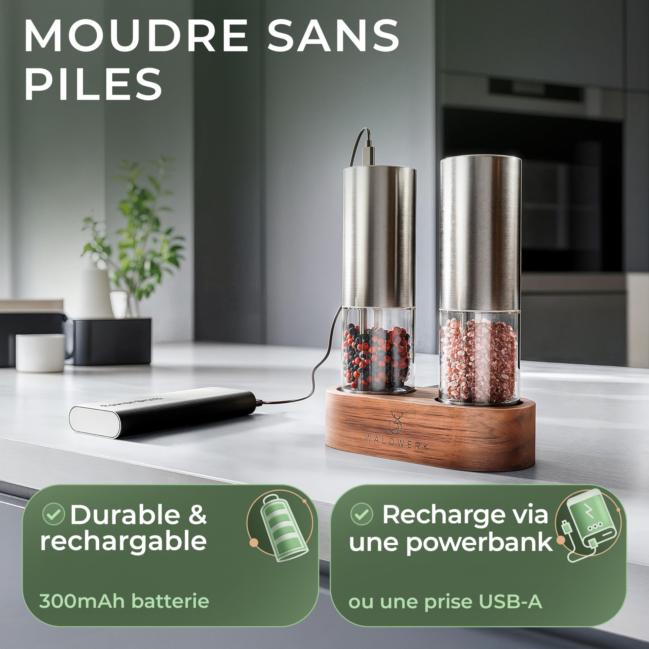 WALDWERK Moulin à poivre et sel electrique (batterie 300 mAh) – Moulin à poivre et moulin à sel electrique avec support élégant en bois d’acacia – Moulin a poivre electrique