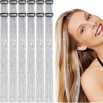 12 St ck Silberne Glitzer Haarstr hnen Hair Tinsel Zum Einklipsen Glitzerstr hnen f r Haare - Wiederverwendbare Tinsel Hair & Haar Lametta f r Damen Kinder Festival