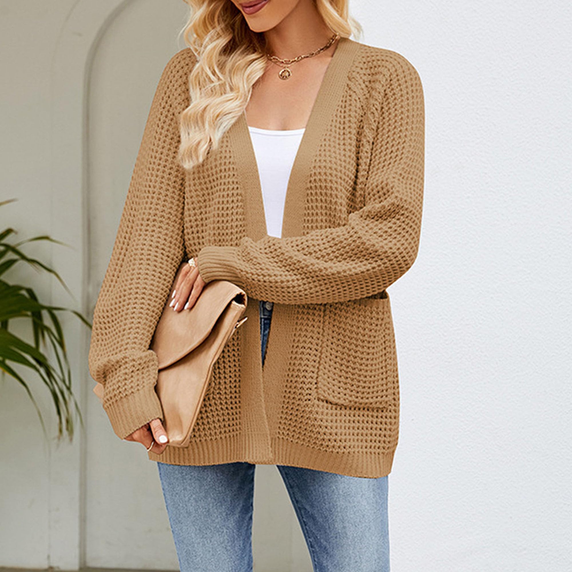 Cardigan Sweater for Women 2024 Fall Open Front Long Sleeve Coat Loose Lightweight Knit Chunky Sweater with Pocket (Medium,Khaki)