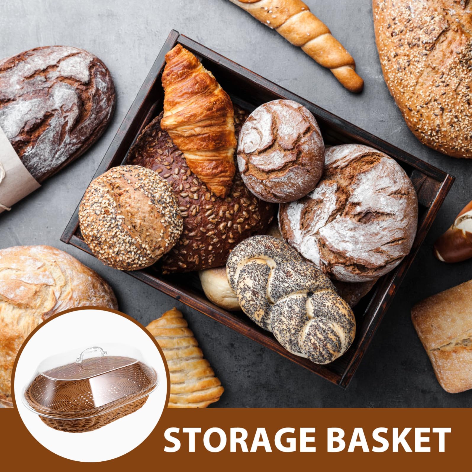 Kichvoe Cestino per Pane Intrecciato Rotondo con Coperchio Rimovibile in Acrilico e Pp, Contenitore per Alimenti Facile da Lavare per Uso Quotidiano e Snack Riutilizzabile