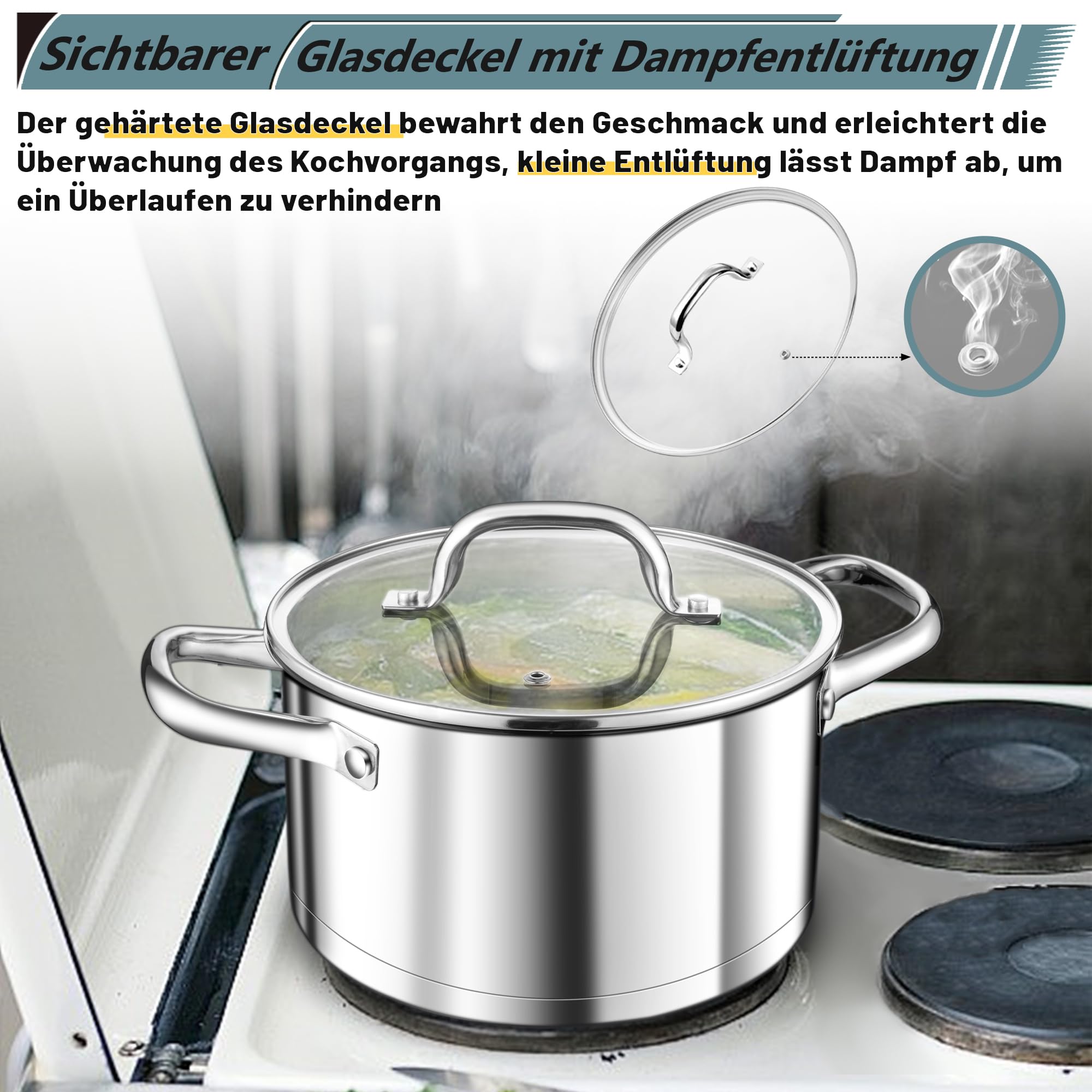TEAMFAR Kochtopf Groß, 7,6 Liter Edeastahl Topf Suppentopf Induktion, Glasdeckel, 3-Lagen Boden für alle Herdarten, 26cm Nudeltopf Fleischtopf zum Kochen, Unbeschichtet & Ungiftig, Spülmaschinenfest