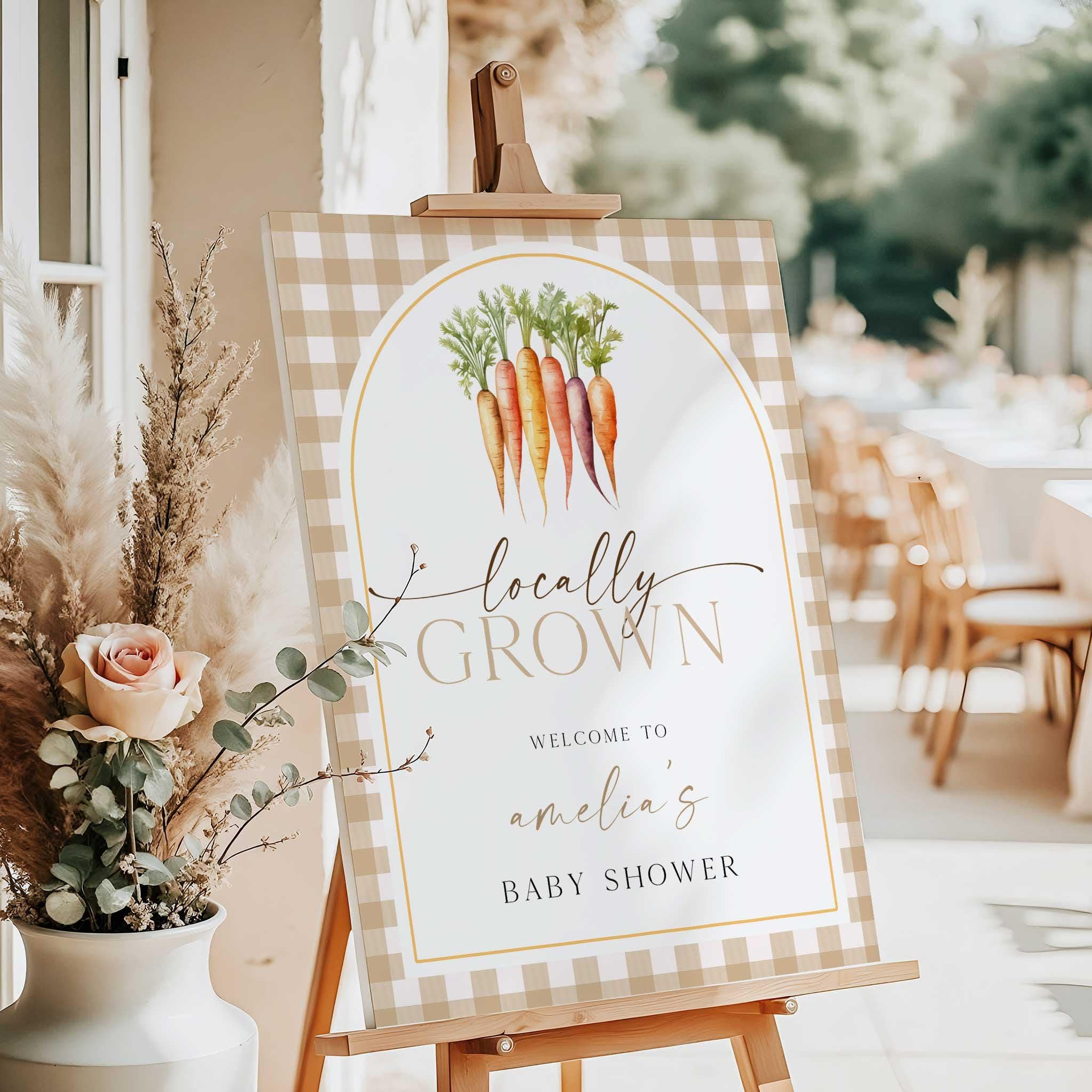 Locally Grown Baby Shower Welcome Sign, Farmers Market Baby Shower Welcome Sign, Poster Decor with Carrot, Gingham Brown Party Decor, Personalized Party Sign Board Decorations