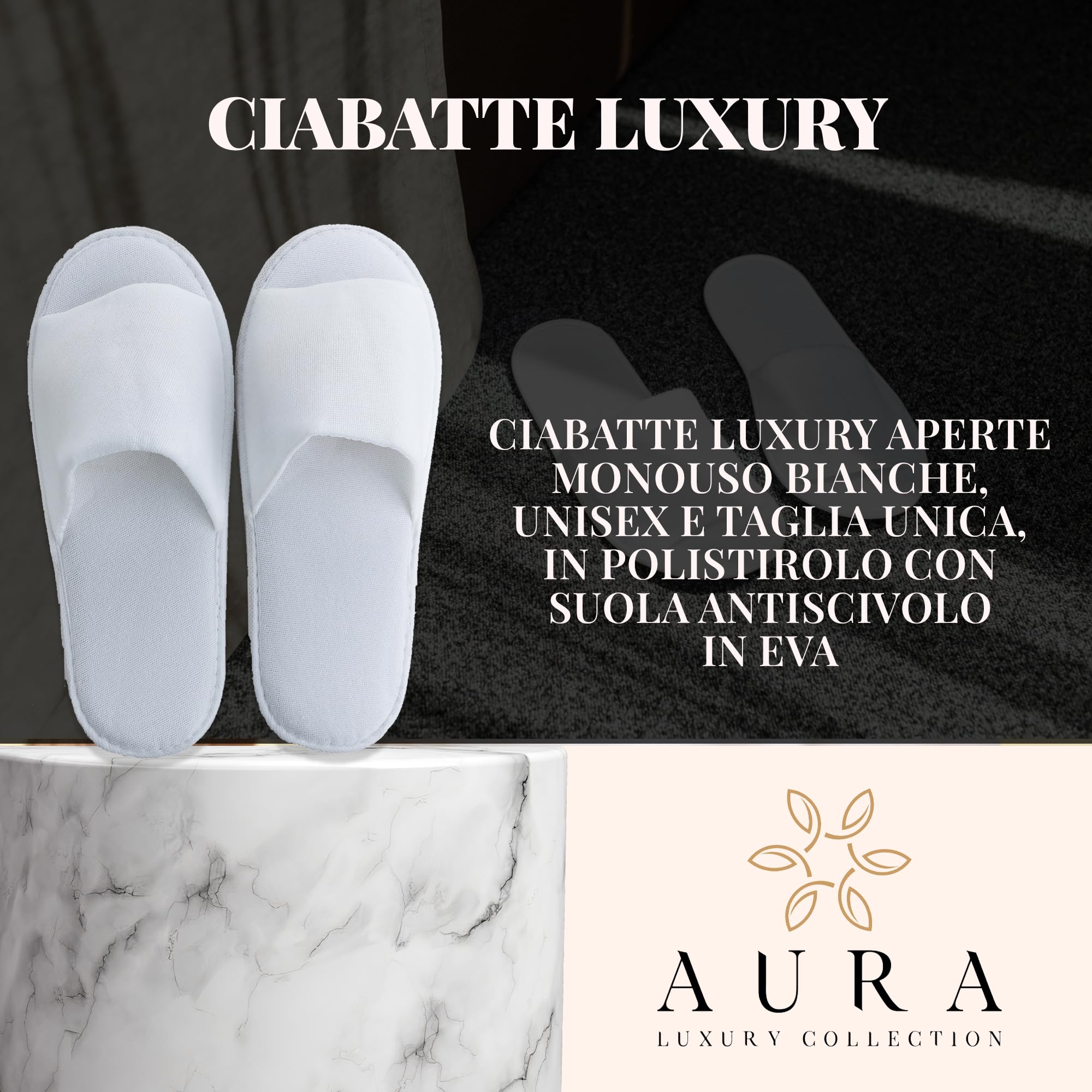Aura Luxury Collection Zestaw 260 sztuk z kremem do ciała, szampon prysznicowy, luksusowe jednorazowe kapcie, zestaw Vanity, zestaw do golenia, zestaw do higieny jamy ustnej + 500 zespołów