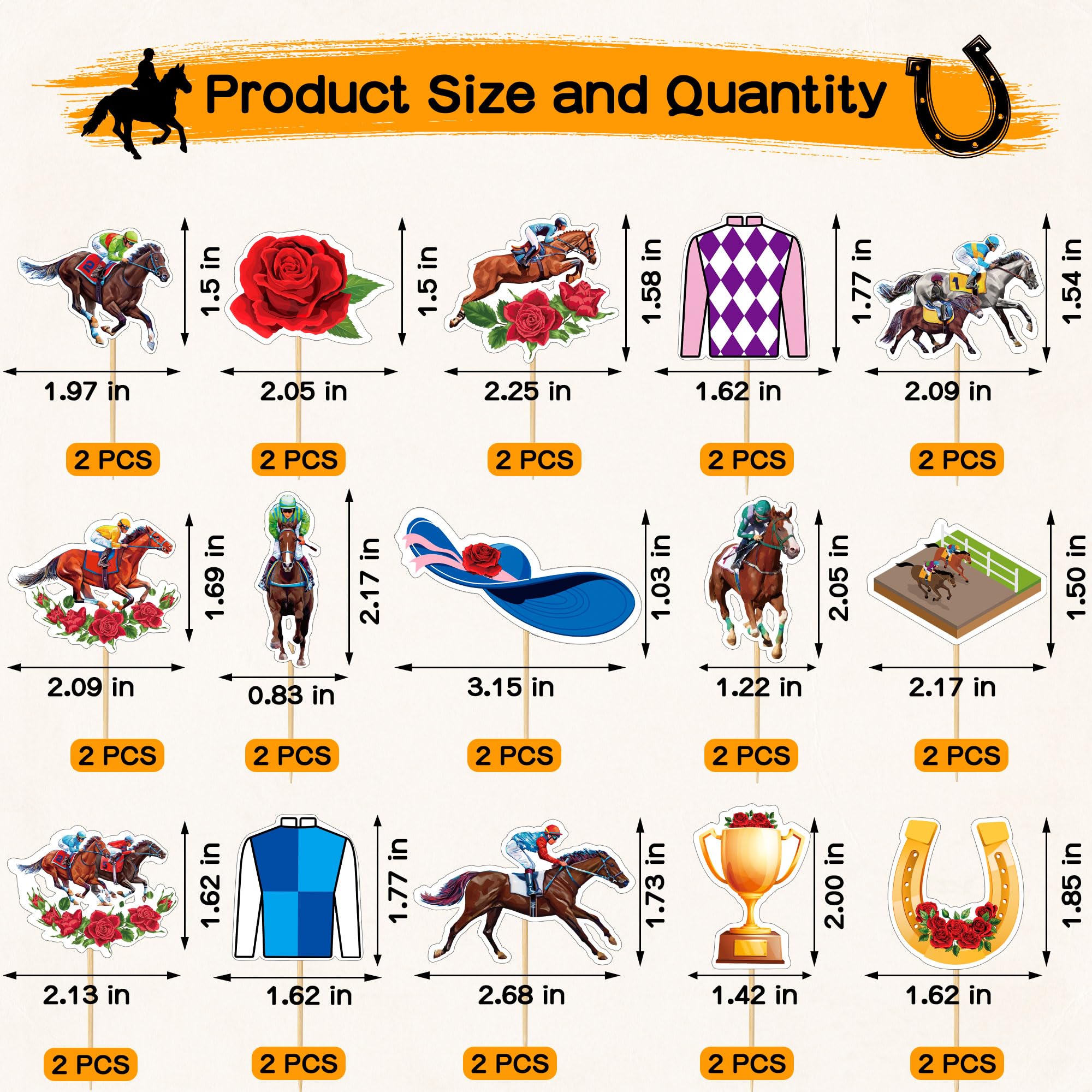 30 PCS Derby Cupcake Toppers, 15 Style Derby Decorations, Run for the Roses Horseshoe Design Horse Cupcake Toppers Horses Toothpicks, Horse Racing Theme Decor