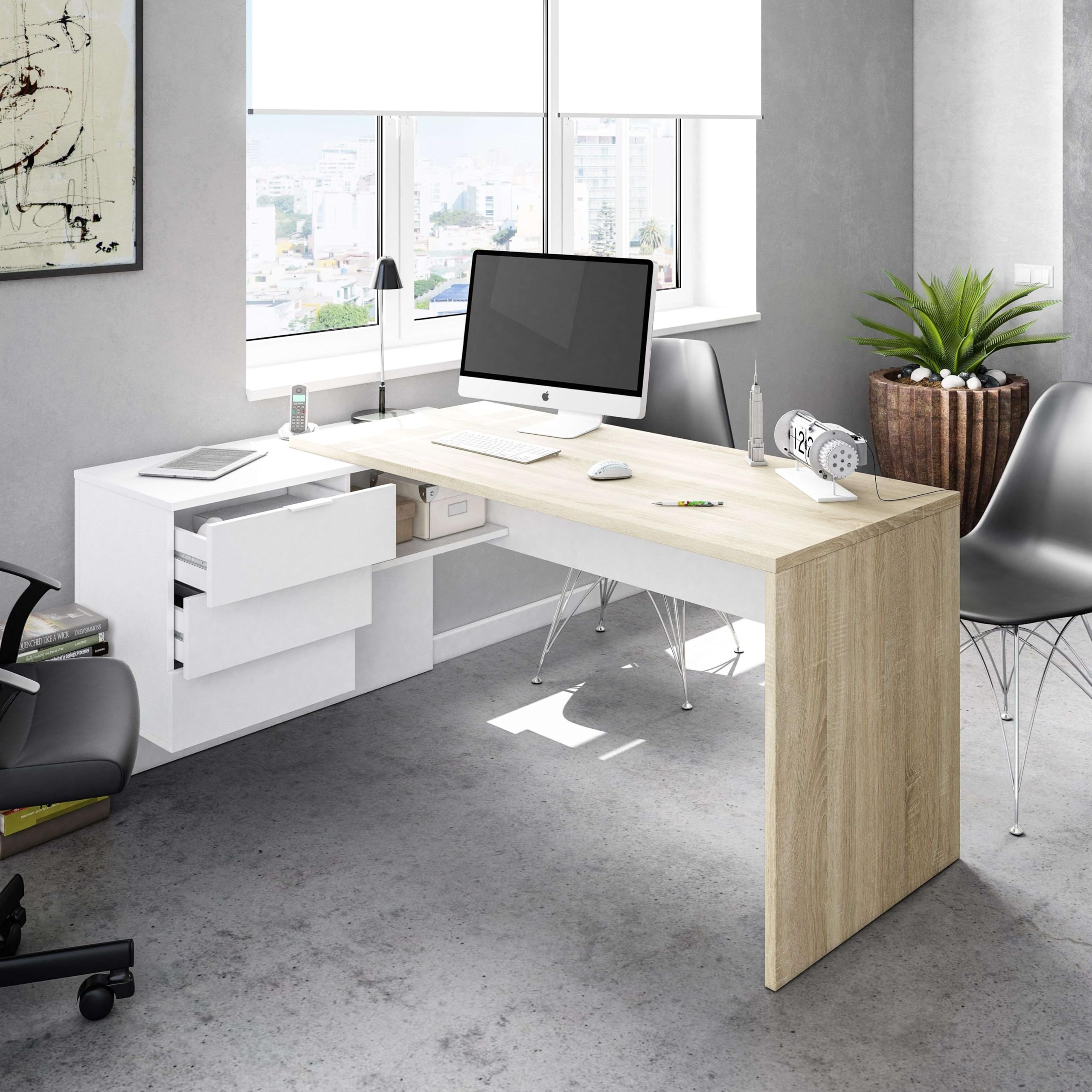 Miroytengo Pack Muebles Despacho Completo Moderno 2 Mesas Escritorio con Buck 5 Armarios Color Blanco Y Roble