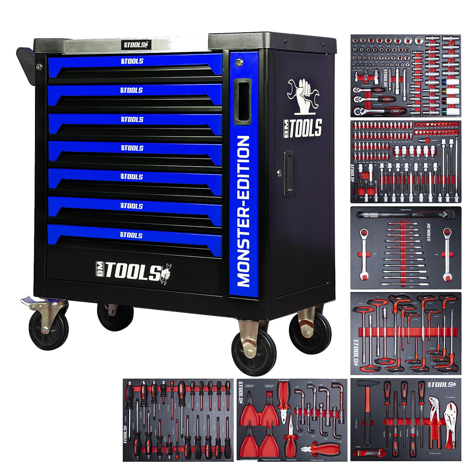 BM TOOLS Servante d'atelier Mécanique 9/7 Monster Blue 7 tiroirs Pleins, Tiroir en façade - 257 Outils - Chariot sur roulettes