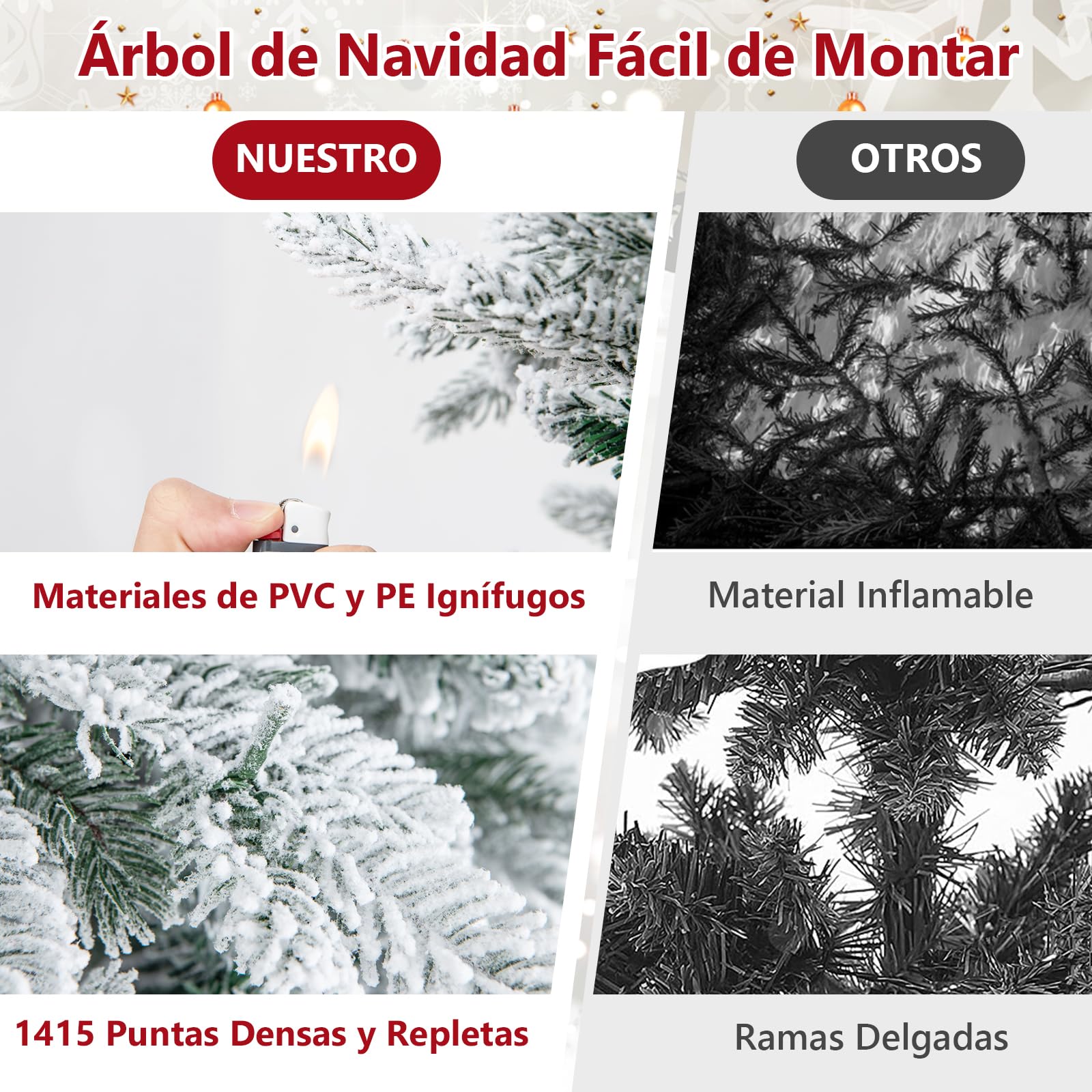 COSTWAY Árbol de Navidad Nevado con Luces 180cm, Arbol de Navidad con Luces Incorporadas, 260 Luces LED Cálidas, 1415 Puntas de PVC y PE, Arvore de Natal Hogar Oficina Fiesta (180cm)