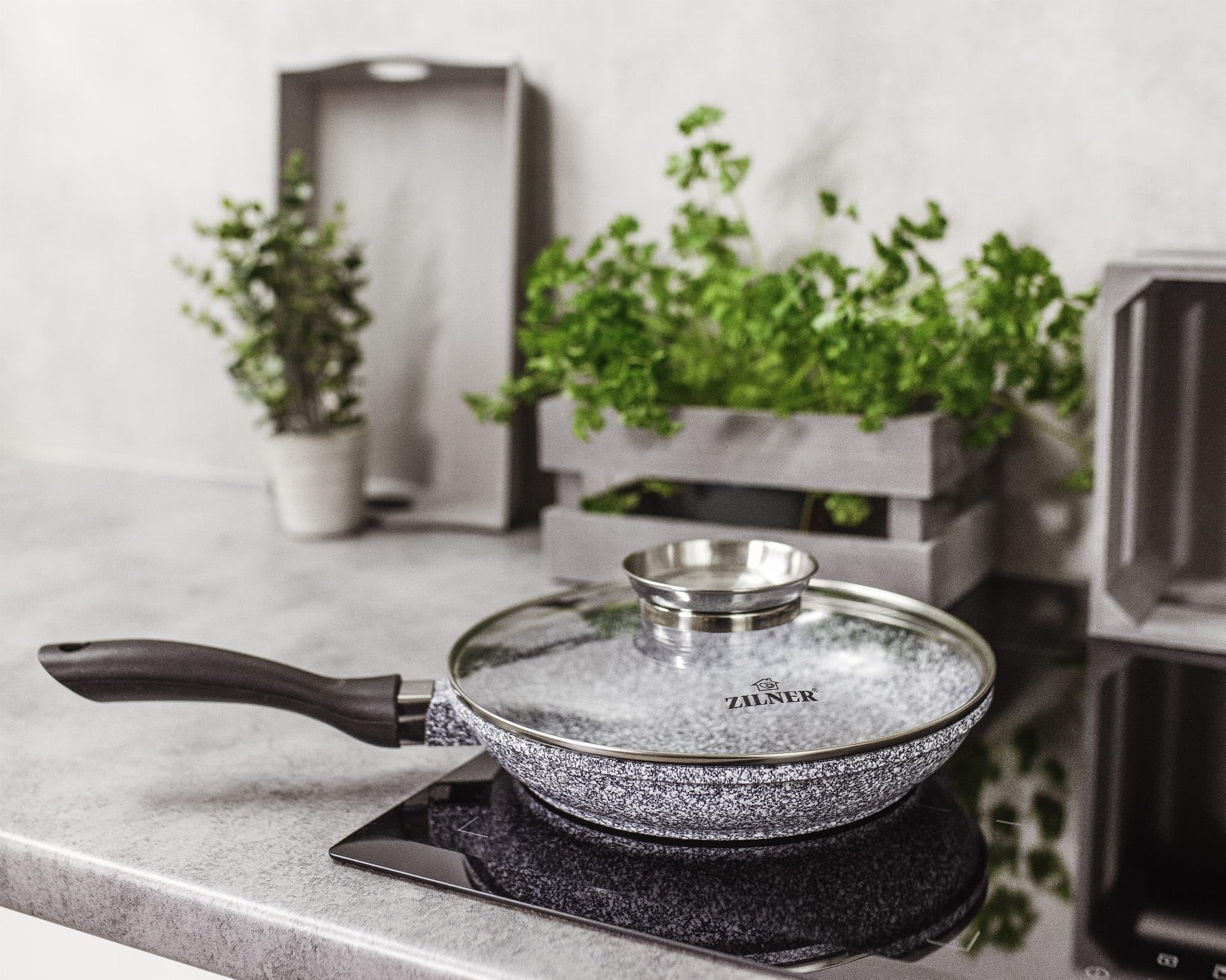 Zestaw Garnków - Powłoka Ceramiczno-marmurkowa - Szklane Pokrywki - Wszystkie Rodzaje Kuchenek - 17 Elementów Szary
