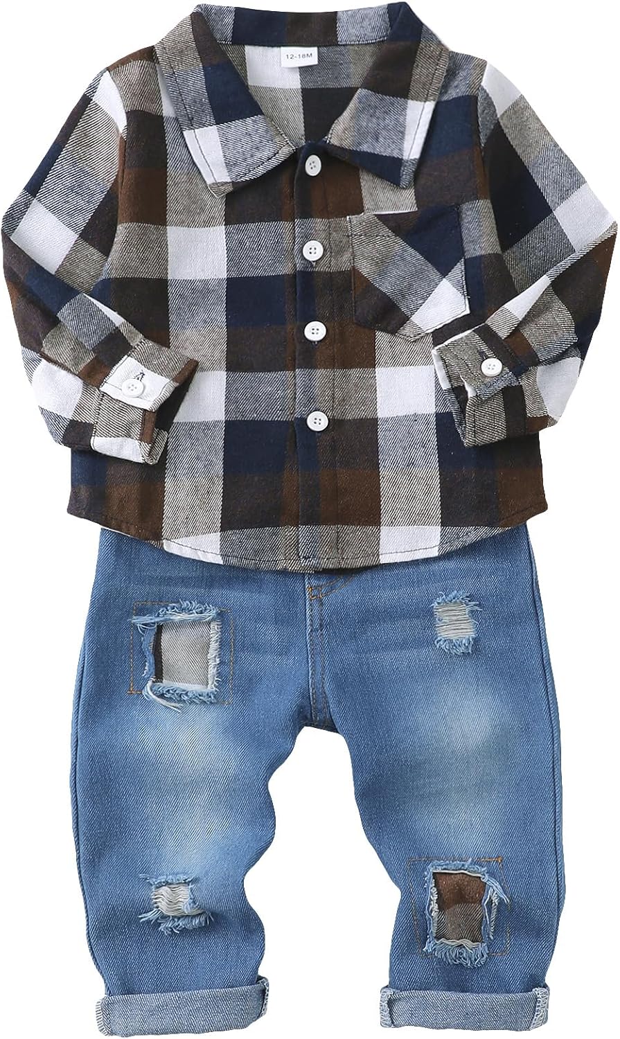 NZRVAWS Toddler Baby Boy Clothes Infant Plaid Pocket Shirt Denim Ripped Jean Pants Outfits Set 6-24 Months 2-5T