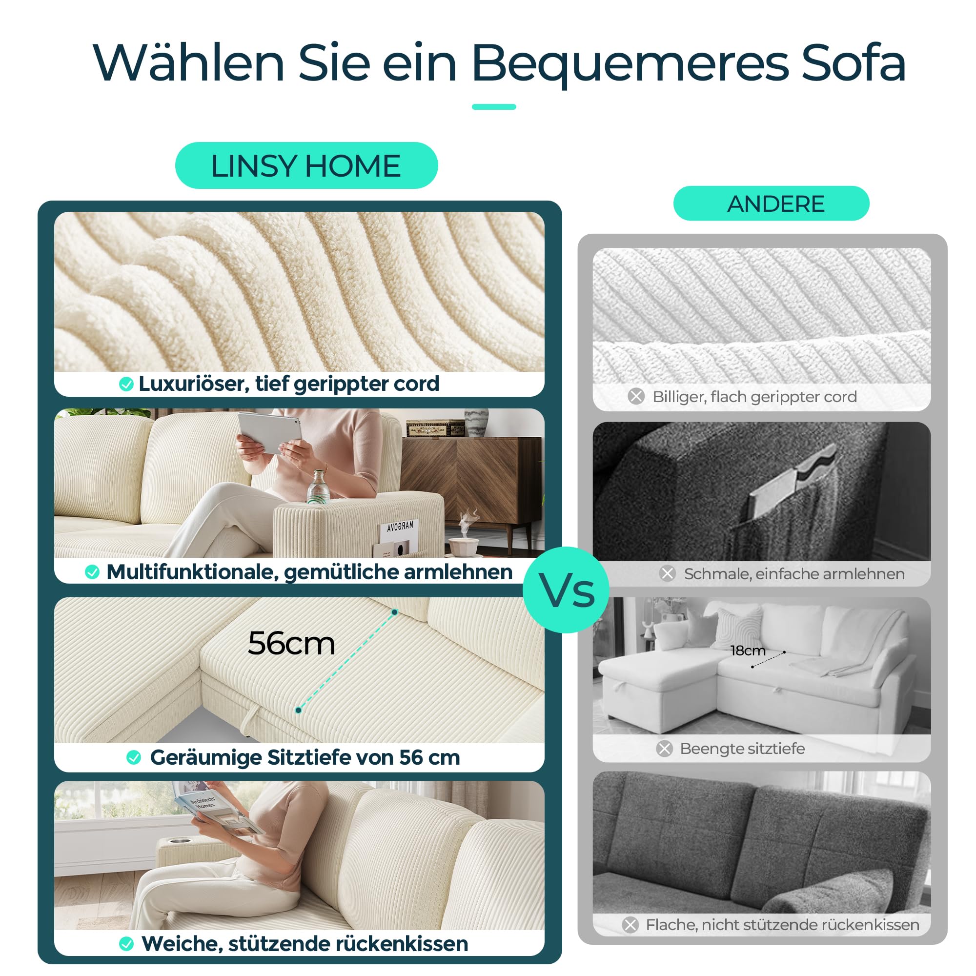LINSY HOME Schlafsofa Ausziehbarer Couch, Ecksofa mit Schlaffunktion, Stauraum, Cord-Bezug L-Form Modulare Sofas mit Chaiselongue für Wohnzimmer und Wohnungen (Beige, L-Form)