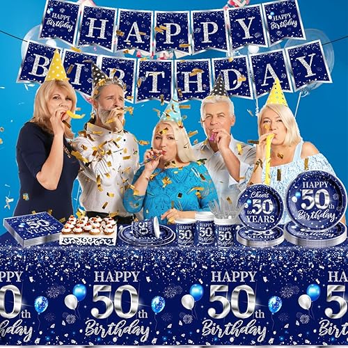 Miniatura 5 de Juego de vajilla de 142 piezas para decoración de cumpleaños número 50, color plateado y azul, suministros de fiesta de cumpleaños número 50 para