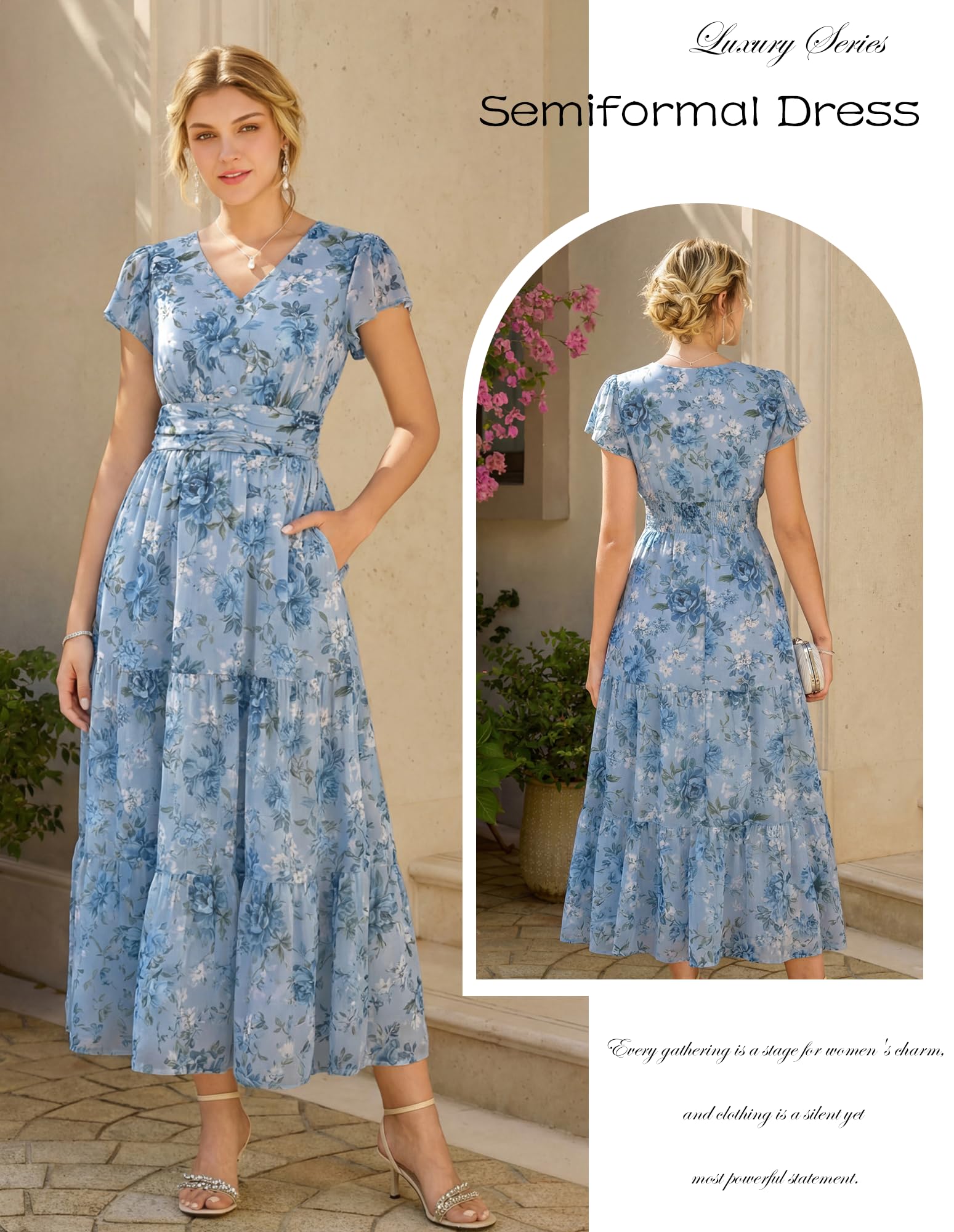 Grace Karin Robe d'été pour Femme, Robe Maxi Florale, Manches Courtes, Robe d'invité de Mariage Fluide Semi-Formelle avec Poche