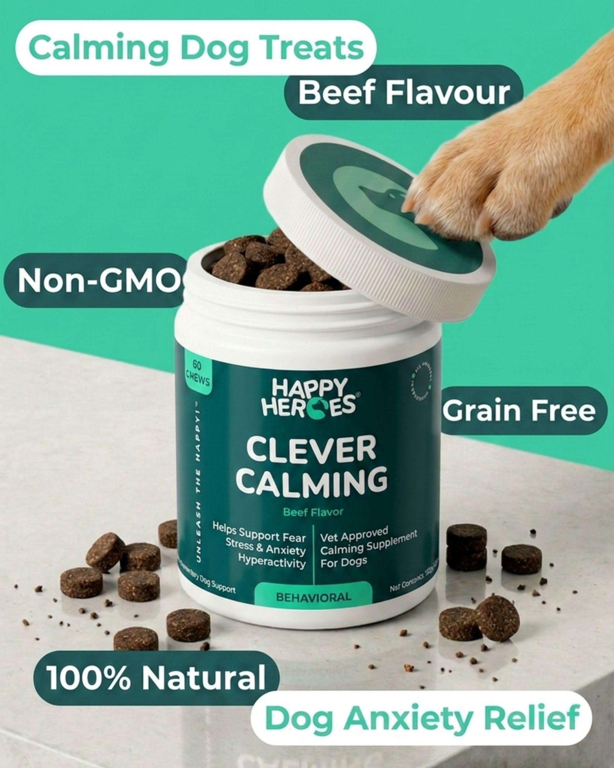Golosinas calmantes para Perros, suplemento 100% Natural, Reduce estrés, Miedo, hiperactividad, ansiedad, agresión, favorece Alivio y relajación, 120 masticables Suaves sin Granos