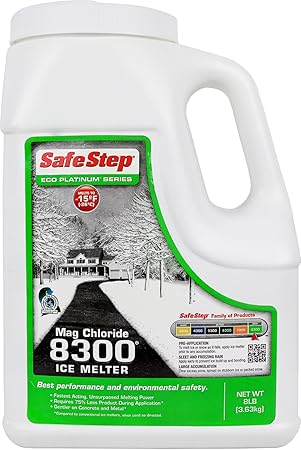 Review Safe Step Mag Chloride Ice Melter 8300 Maximum Strength Melting Power, Environmentally Safe, Non-Corrosive Safe for Concrete Sidewalks, Driveway Pavement- 8 pound Jug.