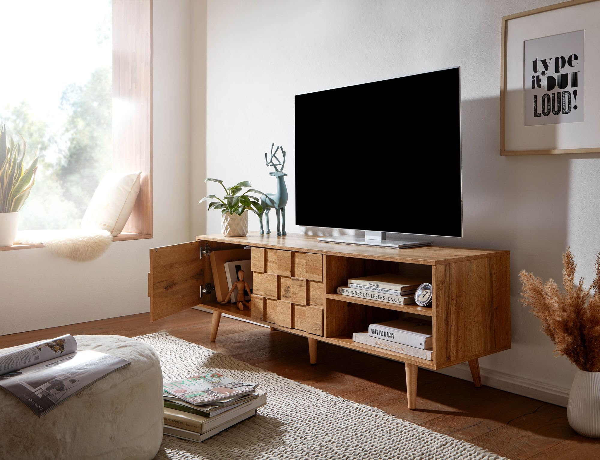 FineBuy Mobile TV 160x40x51 cm Effetto Rovere Marrone | mobile porta TV per TV fino a 70 pollici, tavolino porta TV con 2 ante, vano contenitore per decoder e console