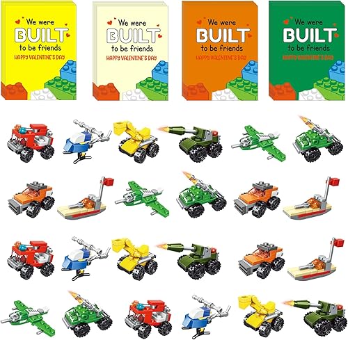LYJOKS Paquete de 24 regalos para el día de San Valentín para niños, tarjetas de San Valentín para niños, aula escolar con vehículos de bloques de
