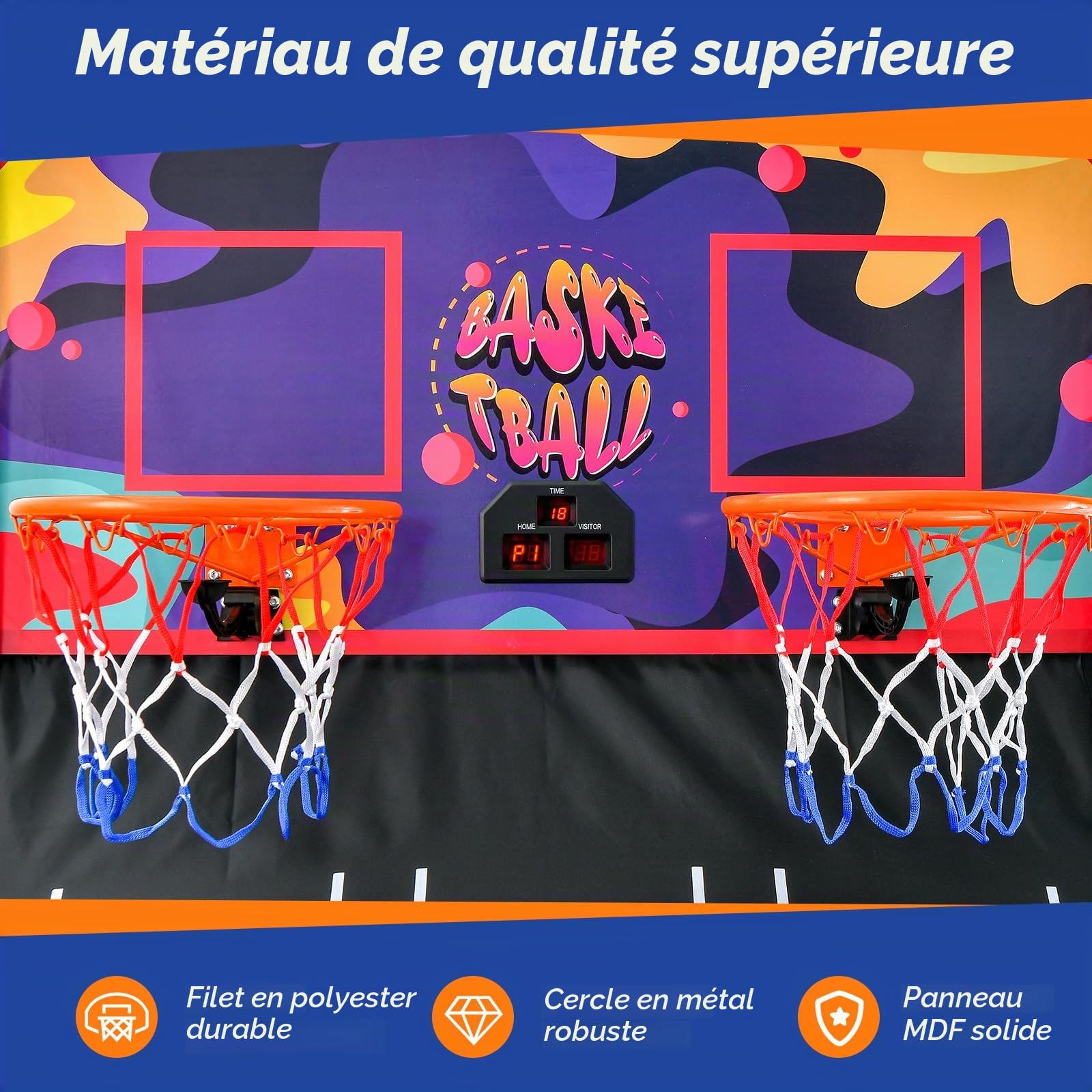GYMAX Panier de Basket-Ball, Jeu d'Arcade de Basket-Ball Pliable à Double Tir, avec 8 Mode de Jeu, Score Électronique, 4 Balles, Pompe, pour Extérieur et Intérieur, Installation Facile