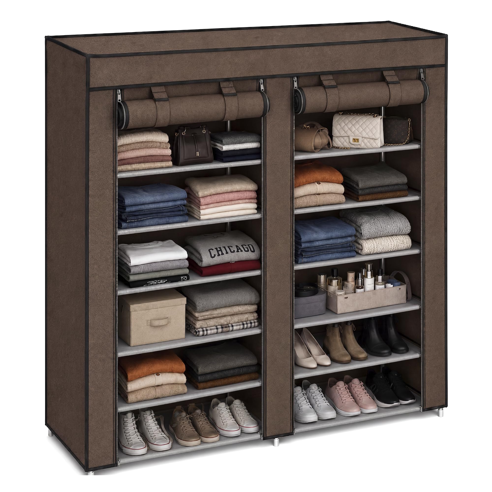Raganet, Closet Plegable de 6 Niveles Color Café, Zapatera Organizador de Ropa Minimalista, Telas y Barras Resistentes y Duraderas, Organizacion de Ropa, Calzado y Accesorios, Armable y Desmontable