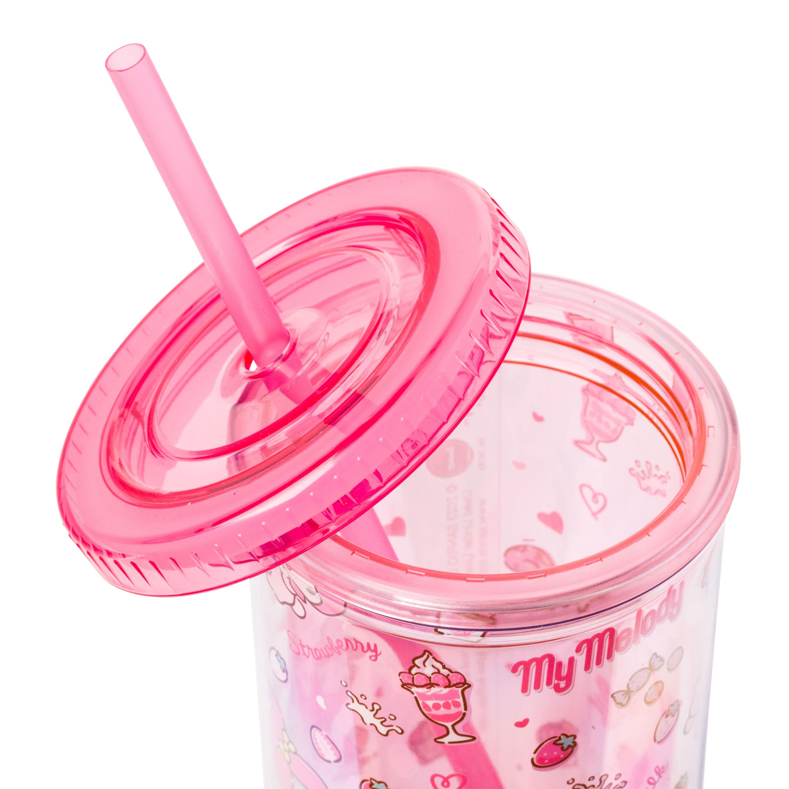 Silver Buffalo Sanrio My Melody - Taza fría alta de plástico con tapa y pajita, 20 onzas | Hello Kitty and Friends, patrón de fresa, dona y batido, incluye tapa y pajita, 0,59 litros