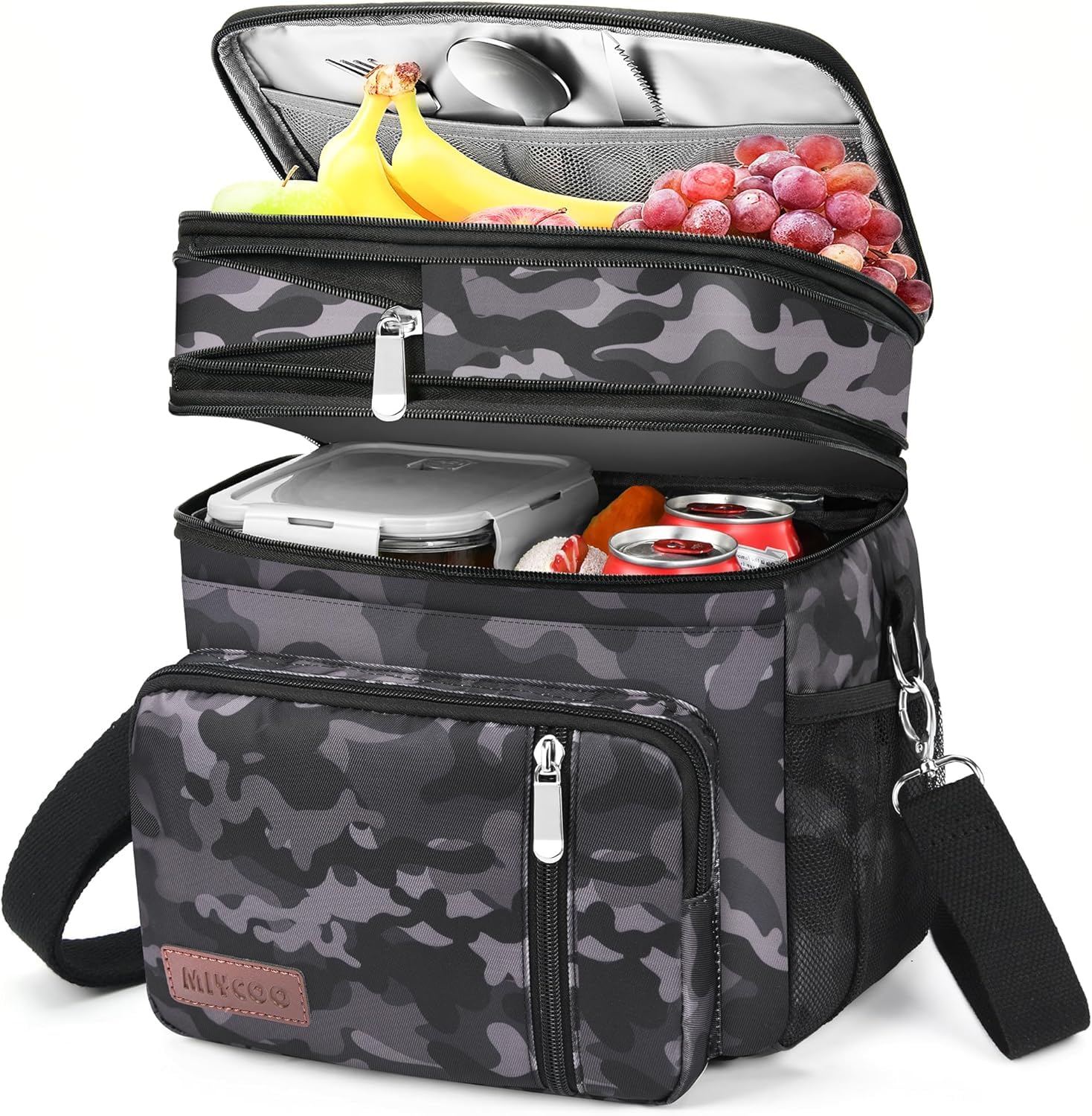 MIYCOO Lunch Bag &amp; Lunch Box for Men Women, Double Deck Leakproof Insulated Soft Large Adult Camping Cooler bag for Work, Beach, Picnic, Travel (Black Camo, 15L)