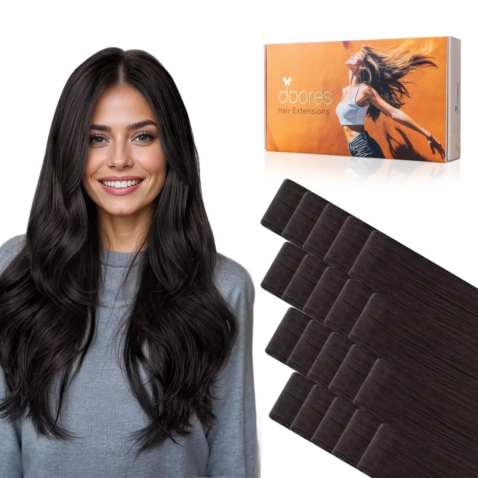 DOORES Invisi Edge Human Hair Extensions Tape in, Natural Black 10 Injection Tape-ins with 10 Injection Tape-ins 50g 16 Inch, Injected Tape in