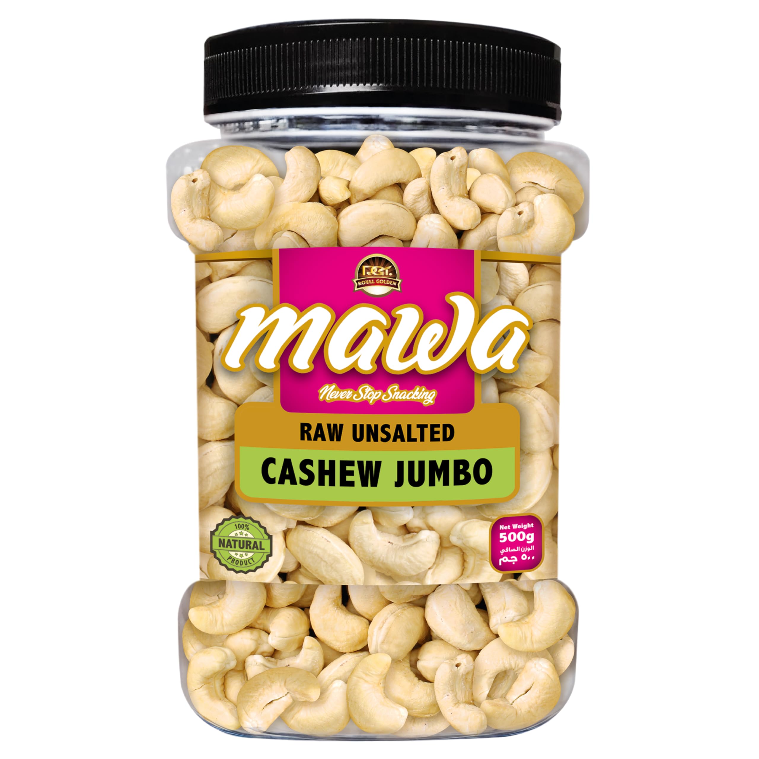 Mawa Raw Cashews Jumbo Unsalted 500g | W 240 Size | Premium Dryfruit Nuts & Seeds Varities from Mawa | No Preservatives | Good for Sancking or Cooking | Packed in Plastic Jar 500g