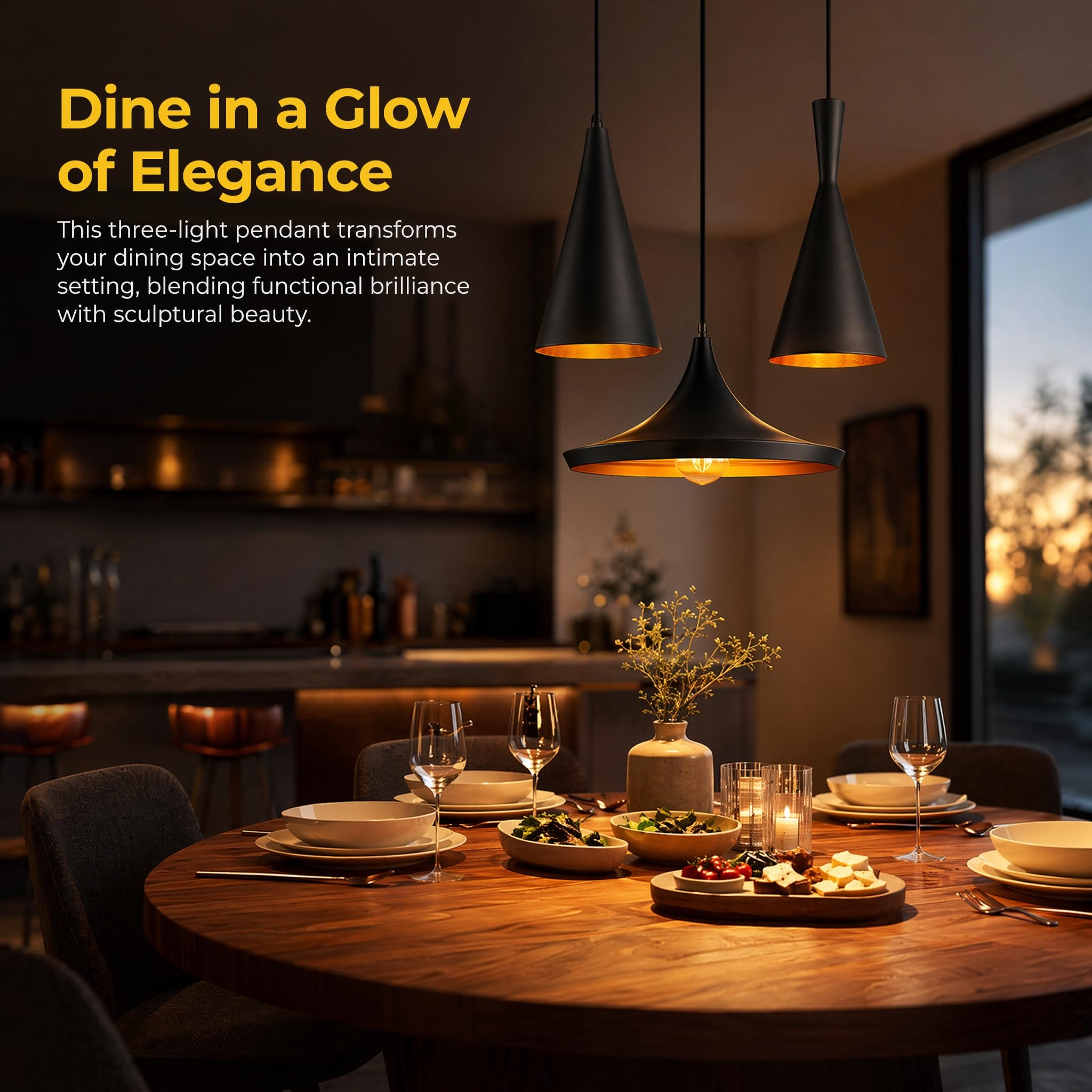 BARCELONA LED 3er Set Skandinavische Pendelleuchten SOLVANG HELGA KOLDING | Aluminium, Schwarzmatt, Goldene Innenseite, E27 Bis 40W, Höhenverstellbares Kabel, Warmes Licht