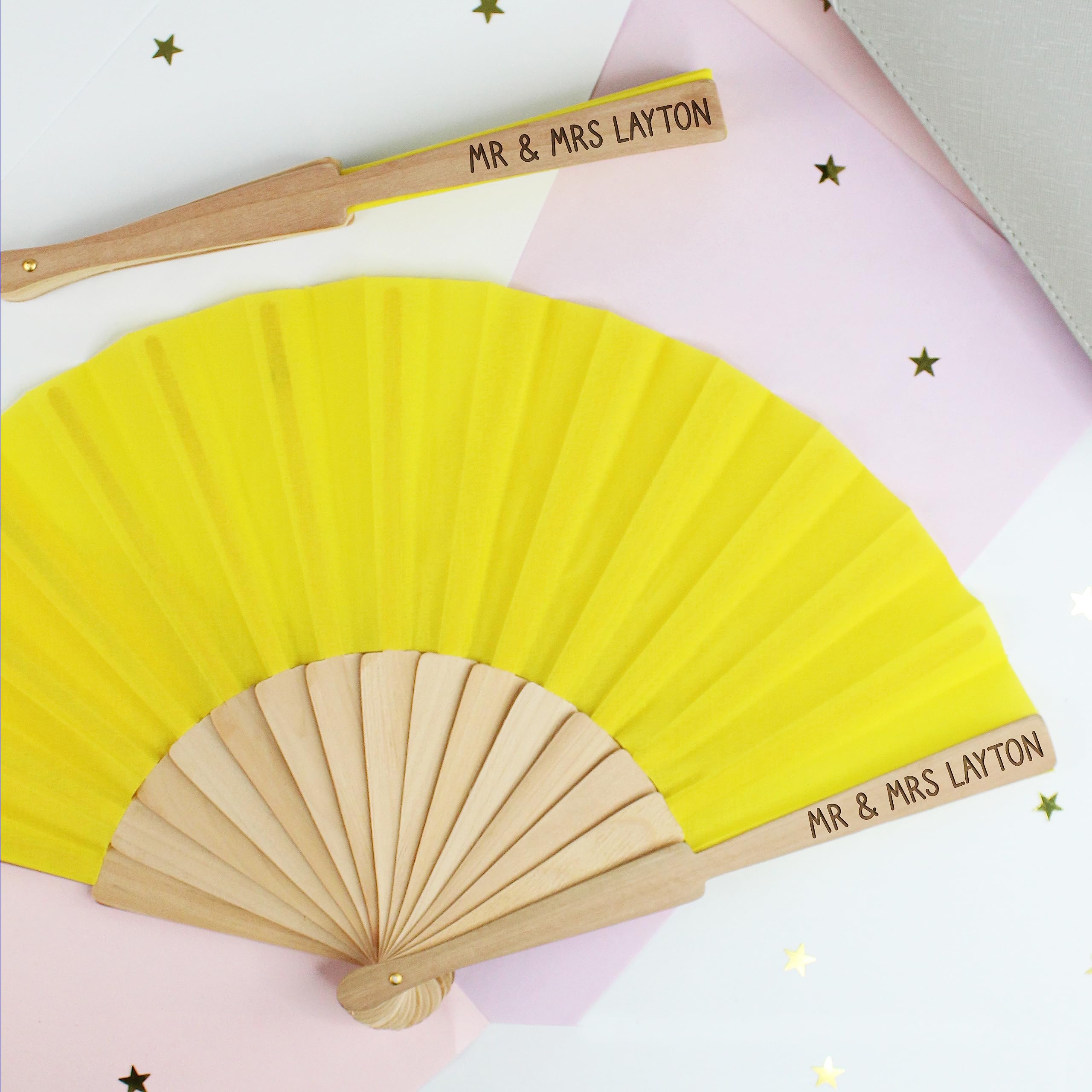 Personalised Wooden Hand Fan with Custom Text, Yellow Folding Handheld Fan, Hen Do Abroad, Bridal Party Favours, Girls Weekend, Pool Party, Destination Wedding Favours (Pack of 15)
