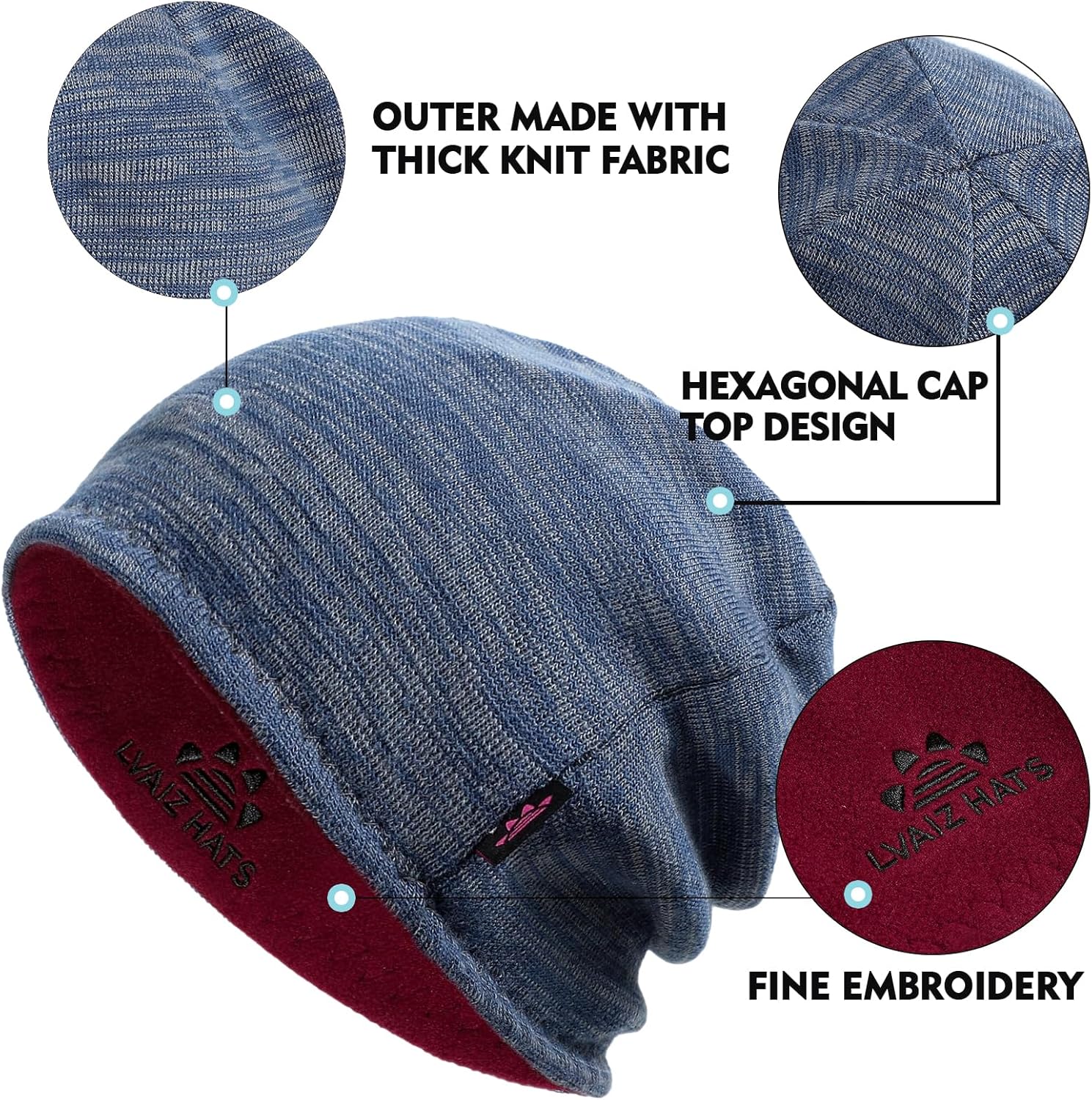 3 Pack Reversible Winter Fleece Lined Beanie Hats for Men Women Warm Windproof Cotton Stretchy Knitted Skull Caps - Image 2