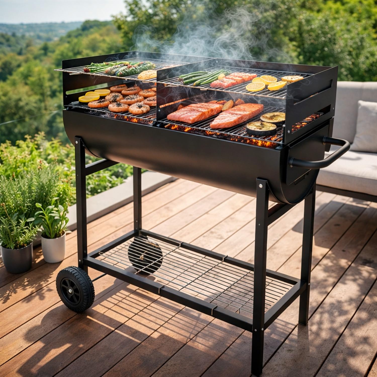 Barbecue A Carbone Con 2 Griglie Regolabili BBQ In Acciaio Resistente Con Ruote E Ripiano Portaoggetti Ideale Per Giardino Terrazzo E Grigliate All Aperto 90 x 45 x 96 Cm Nero