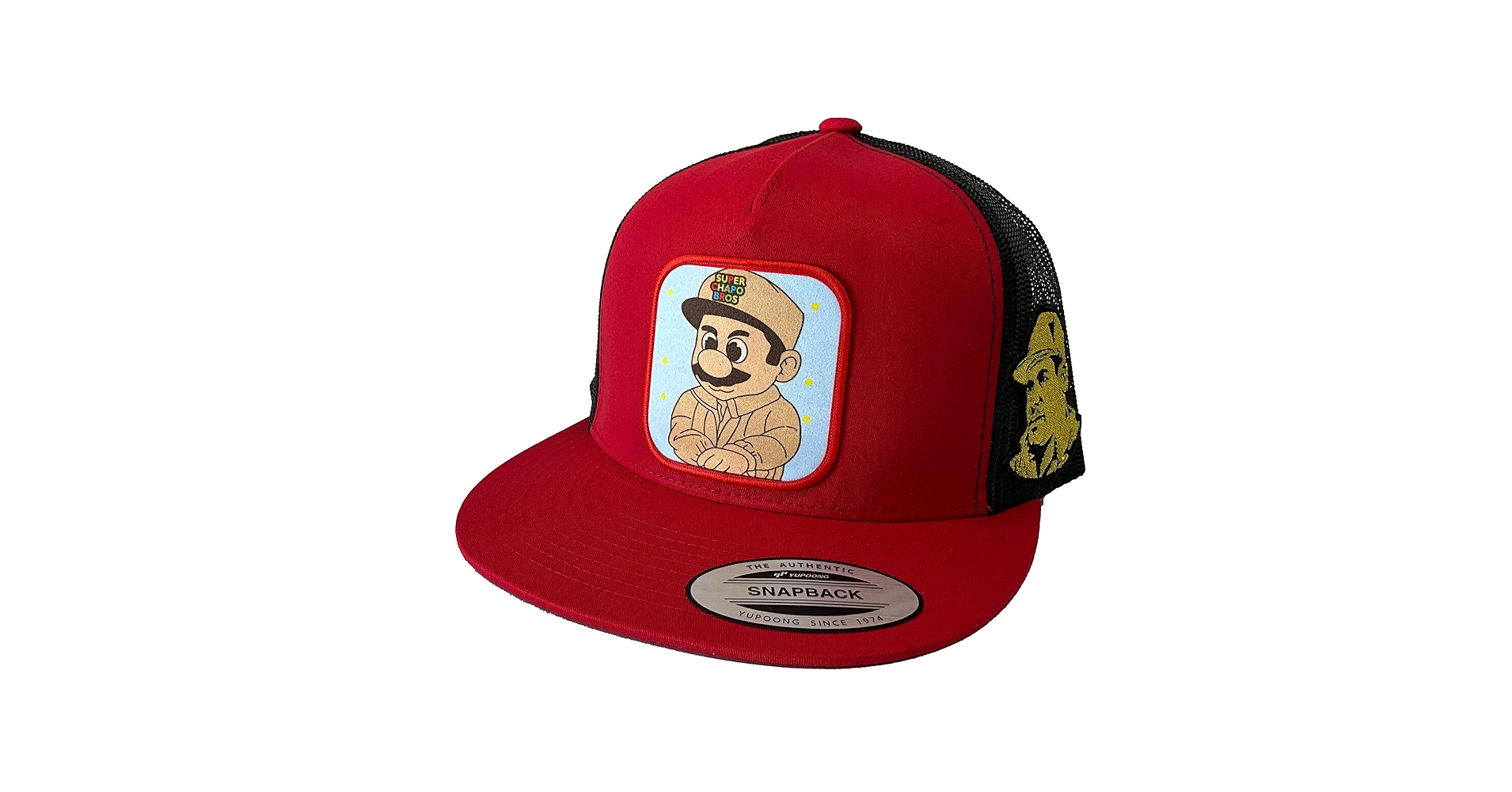 Super Chapo bros red con el Chapo al lado hat red Black mesh