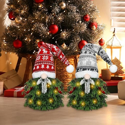 Miniatura 6 de VIHOSE 2 piezas de árbol de Navidad de gnomo de 23.6 pulgadas, árbol de Navidad artificial pequeño con luces, árbol de Navidad preiluminado para