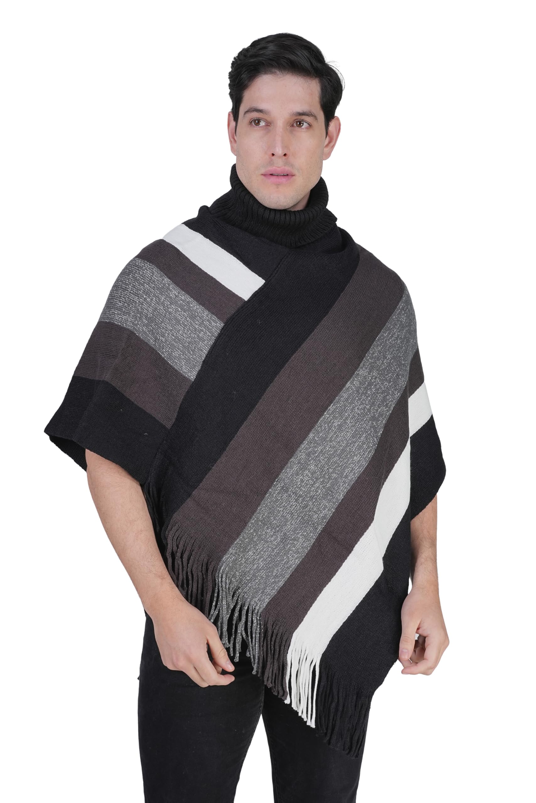 manra Men's Knitted High Neck Poncho Multi-Striped Patterns, Fringed Sides, for Winter Stylish and Comfortable, Perfect for Casual Wear, (M, Black)-picture-23